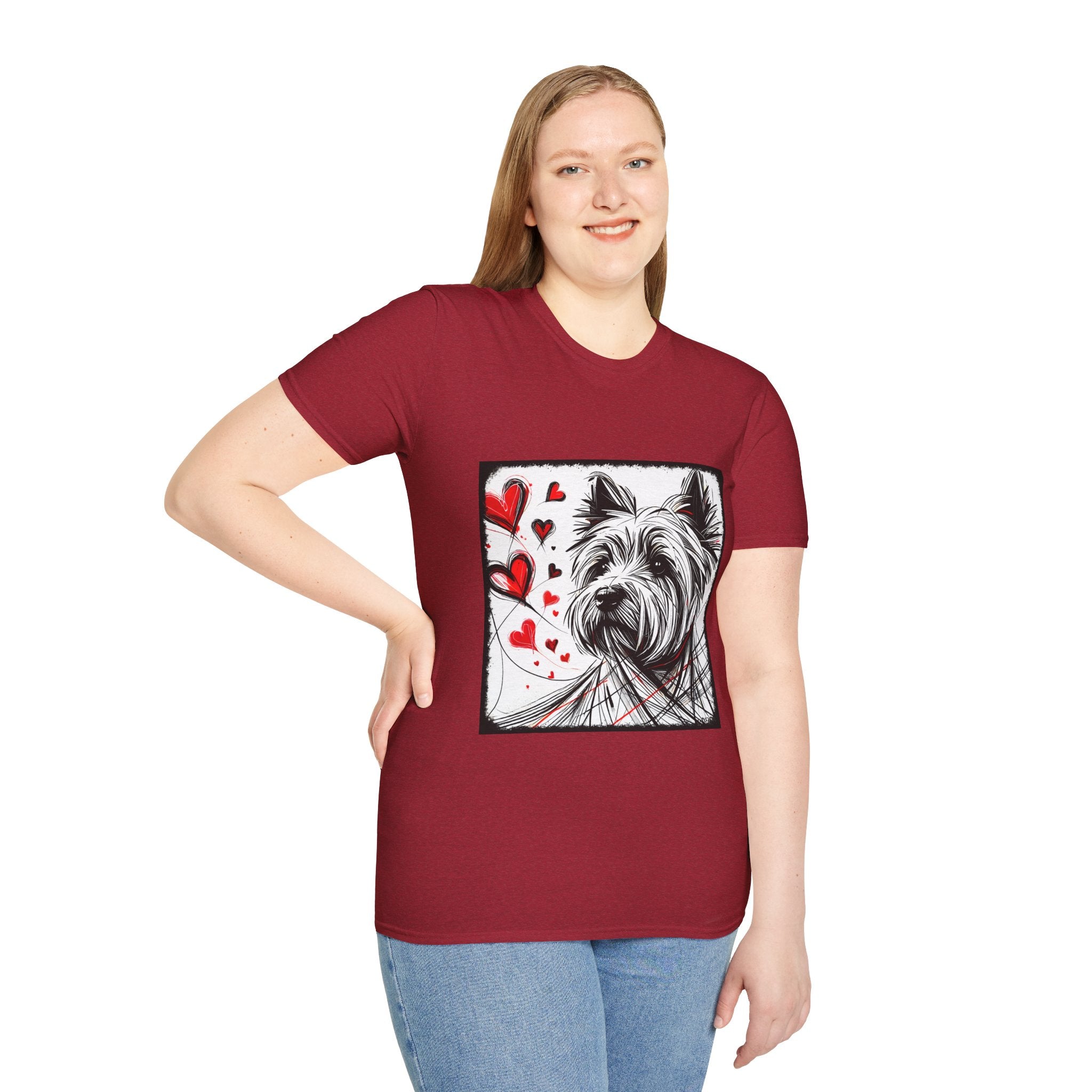 Female model in antique cherry red dog t-shirt featuring sketch-style Westie with red hearts and abstract black line accents.