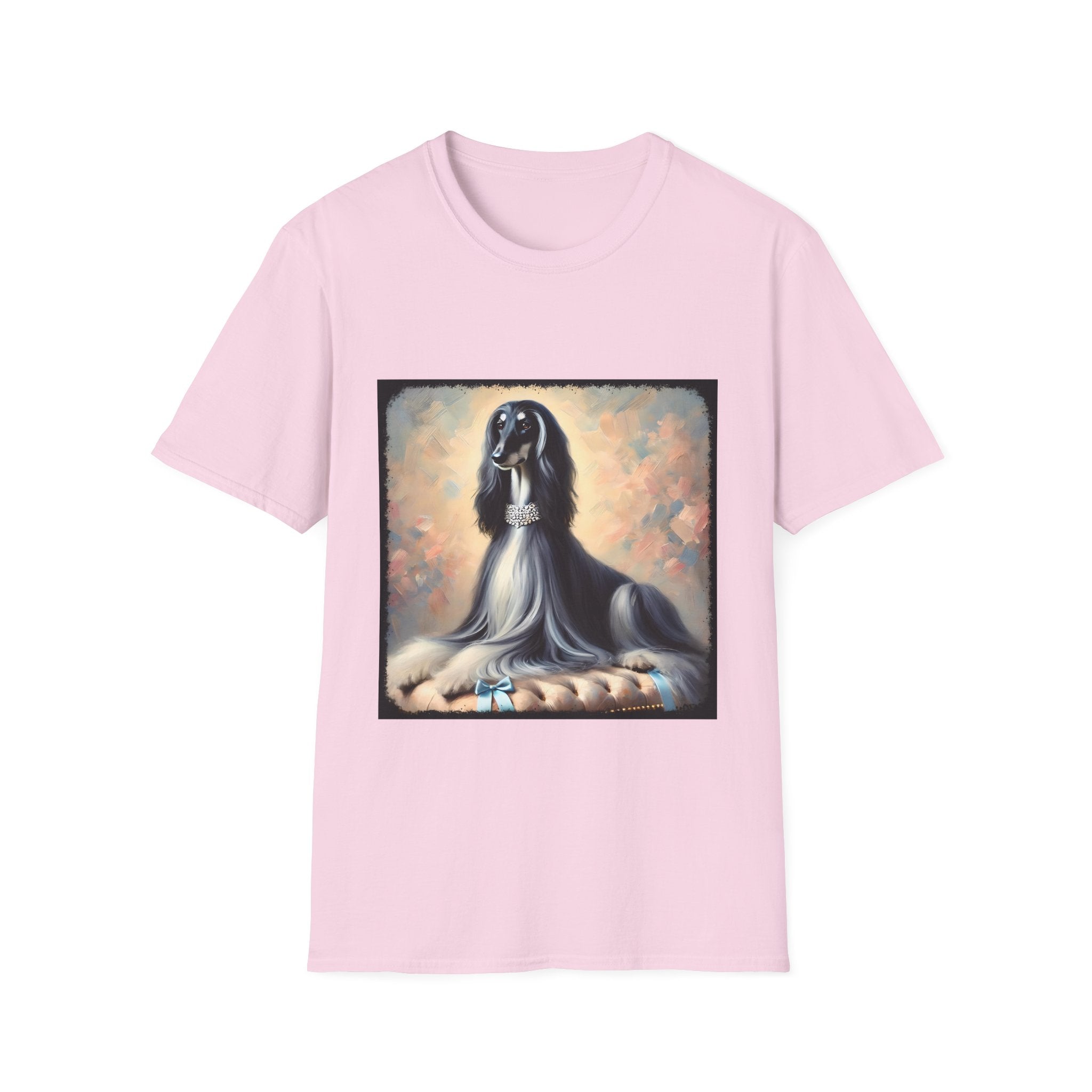 Front view of light pink dog t-shirt featuring black and white Afghan Hound on cushion with diamond necklace, pastel background.
