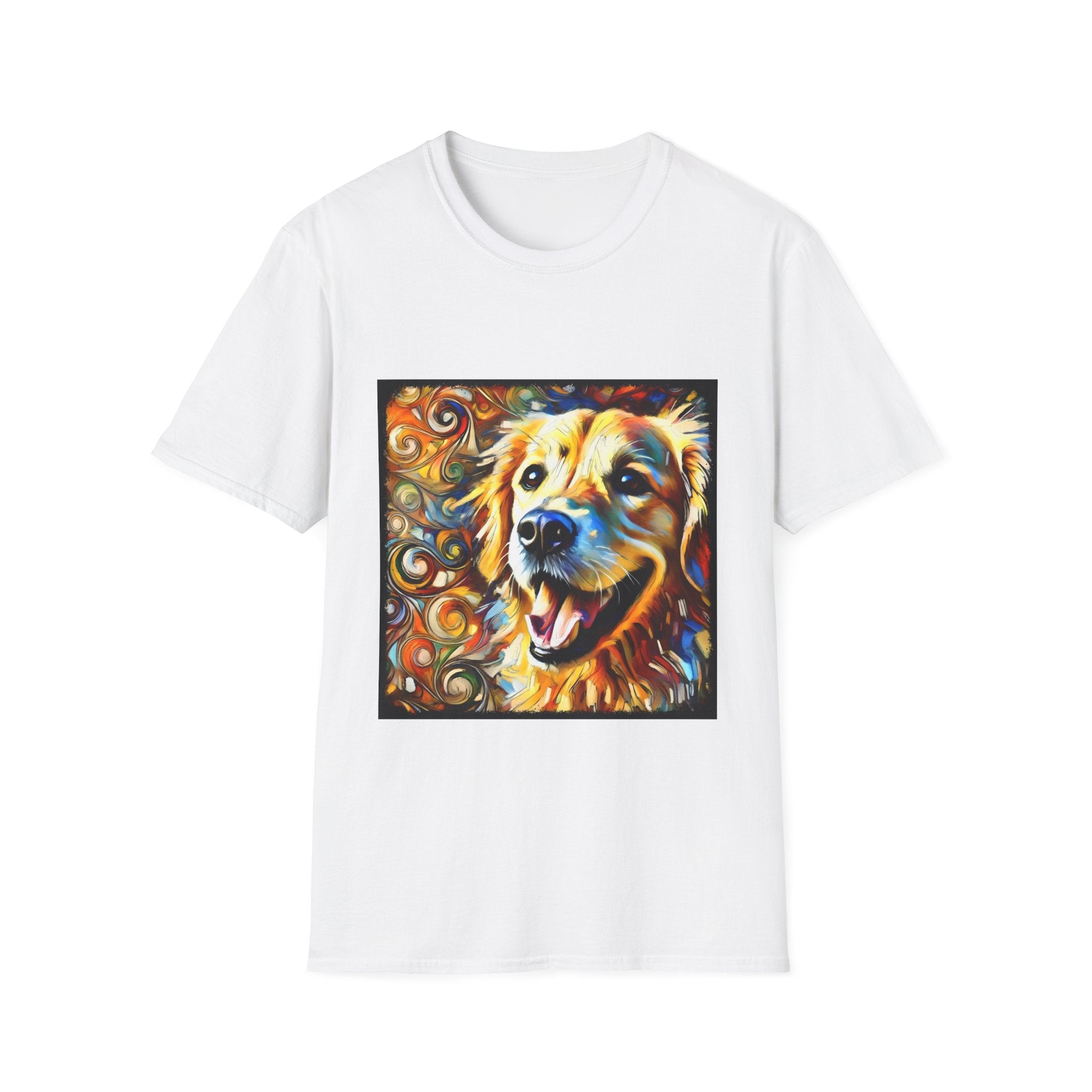 White dog t-shirt featuring smiling golden retriever portrait with bold swirls in orange, gold, and blue.
