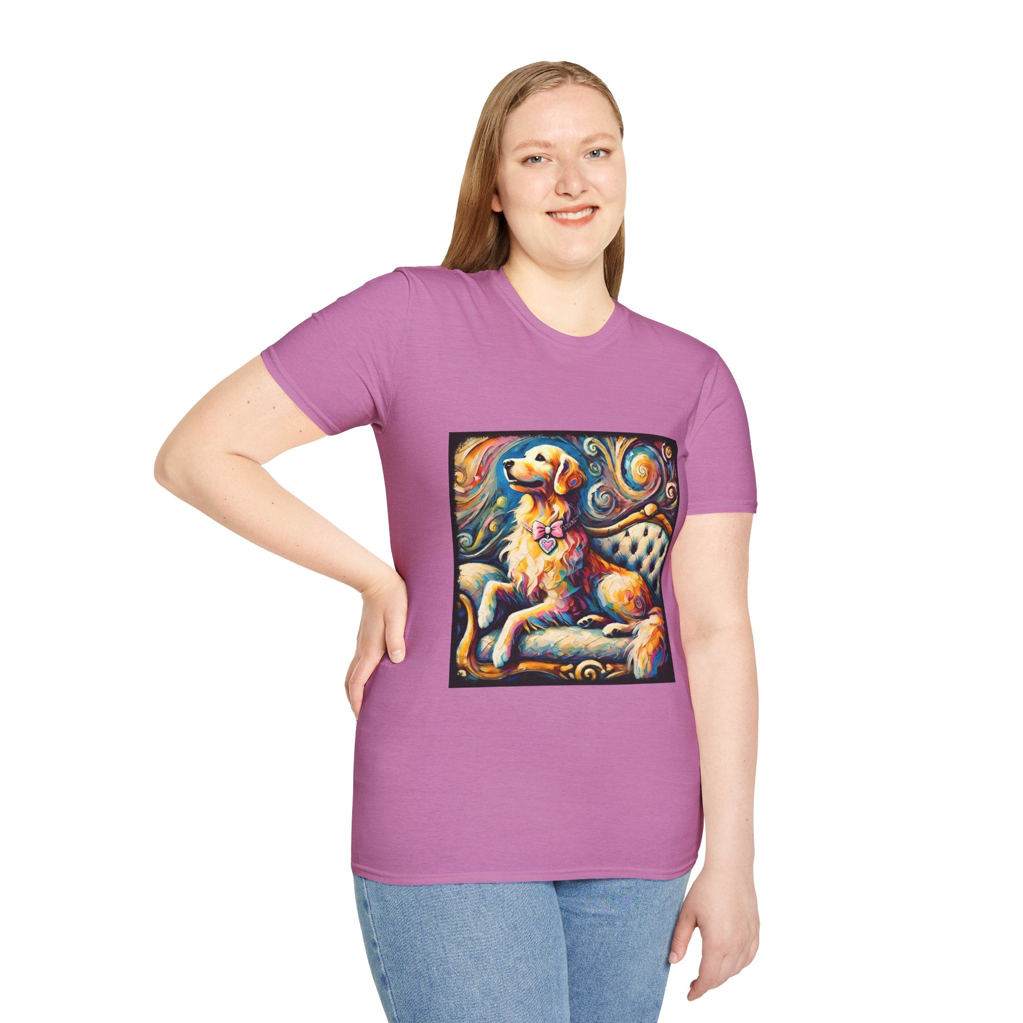 Female model in heather radiant orchid dog t-shirt featuring golden retriever with pink heart collar on colorful tufted settee.