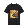 Black dog t-shirt featuring a golden retriever with swirling brushstroke-style yellow-orange background.