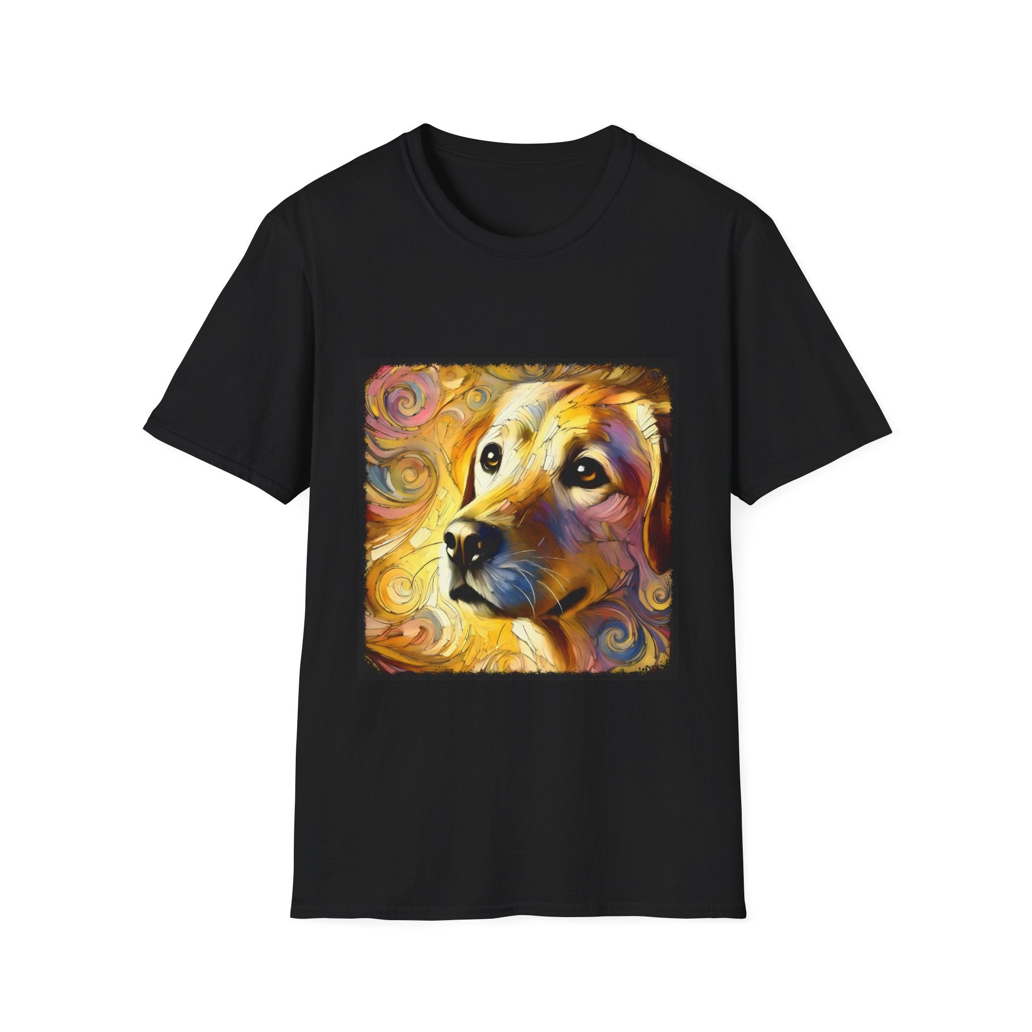 Black dog t-shirt featuring a golden retriever with swirling brushstroke-style yellow-orange background.