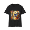 Black dog t-shirt featuring smiling golden retriever portrait with bold swirls in orange, gold, and blue.