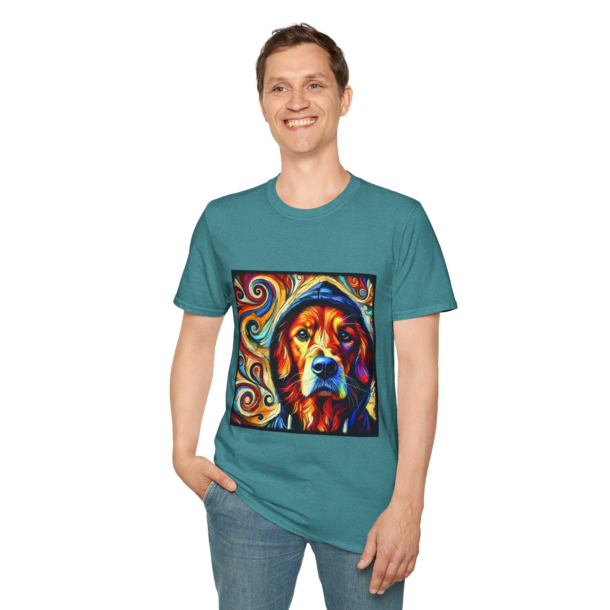 Male standing in teal dog t-shirt with golden retriever in blue hoodie, bold swirls in red, orange, and teal behind.