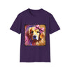 Purple dog t-shirt featuring golden retriever with pink bow on head, bold brushstroke background in pinks.