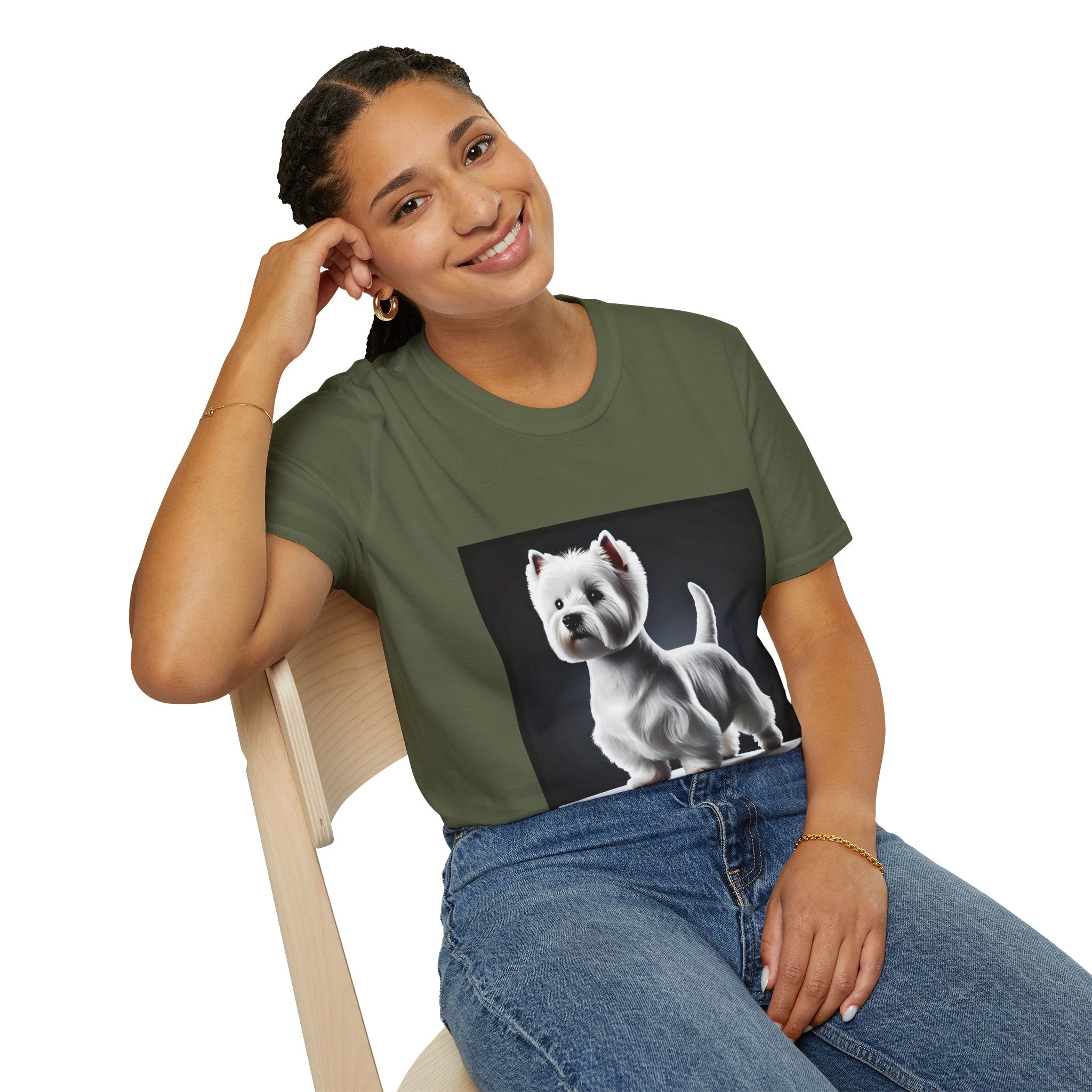 Female model in military green dog t-shirt featuring a Westie standing proud on a platform against a dramatic dark backdrop.