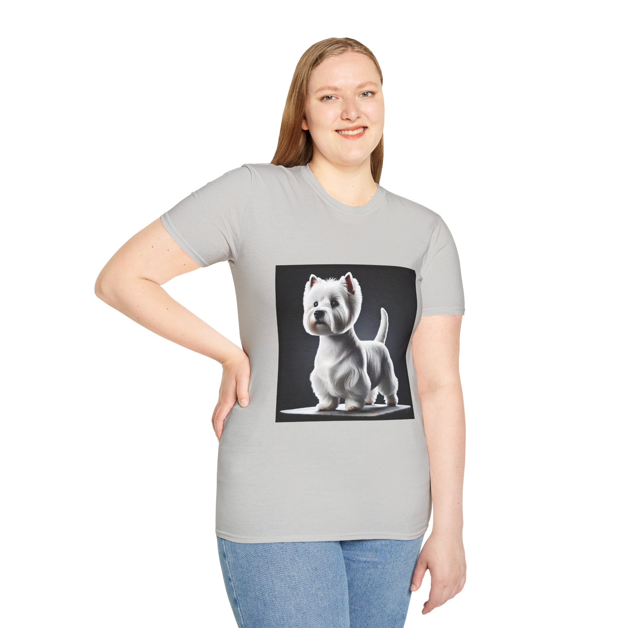 Female model in ice gray dog t-shirt featuring a Westie standing proud on a platform against a dramatic dark backdrop.
