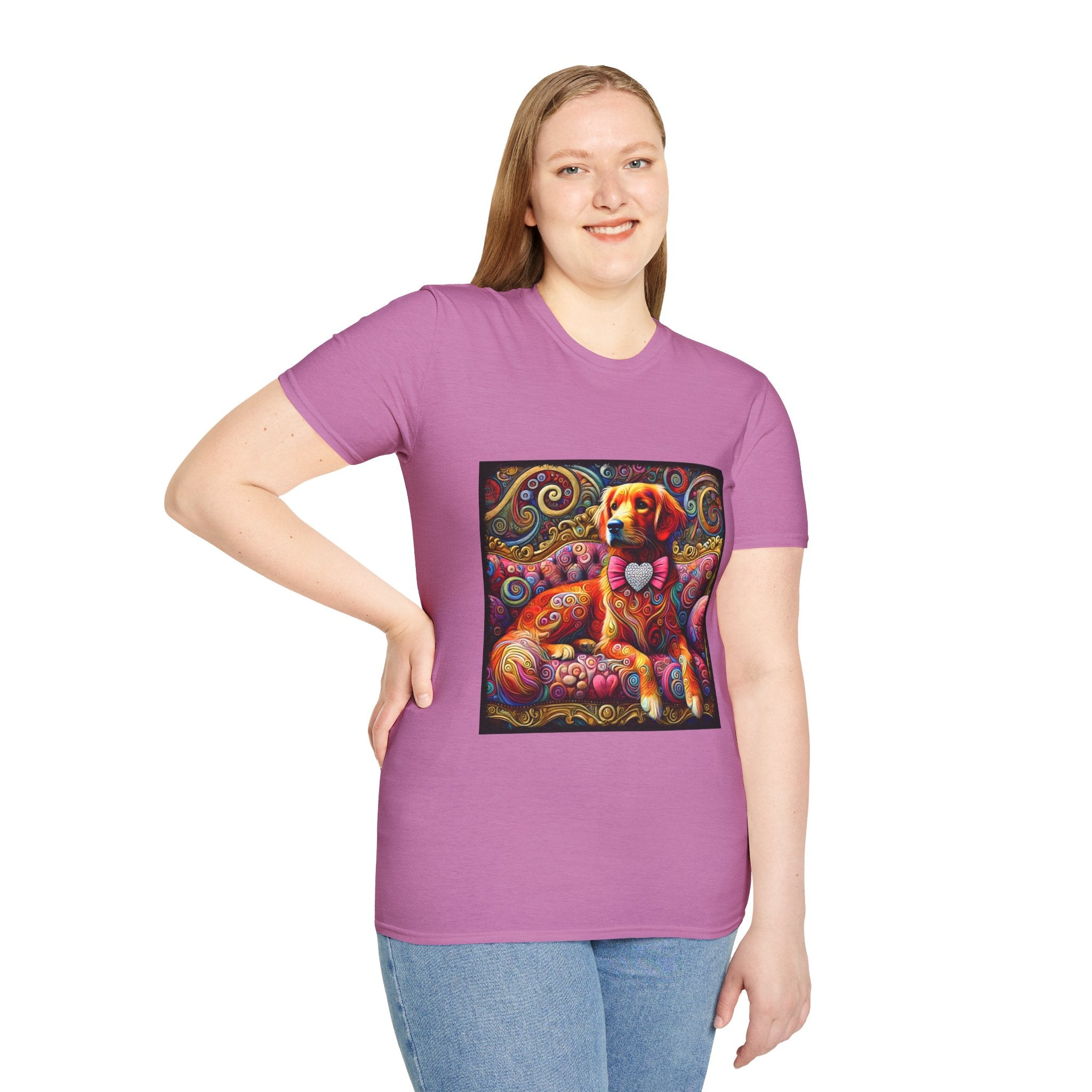 Female model in pink orchid dog t-shirt with golden retriever in pink bow on vibrant swirl settee with heart details.