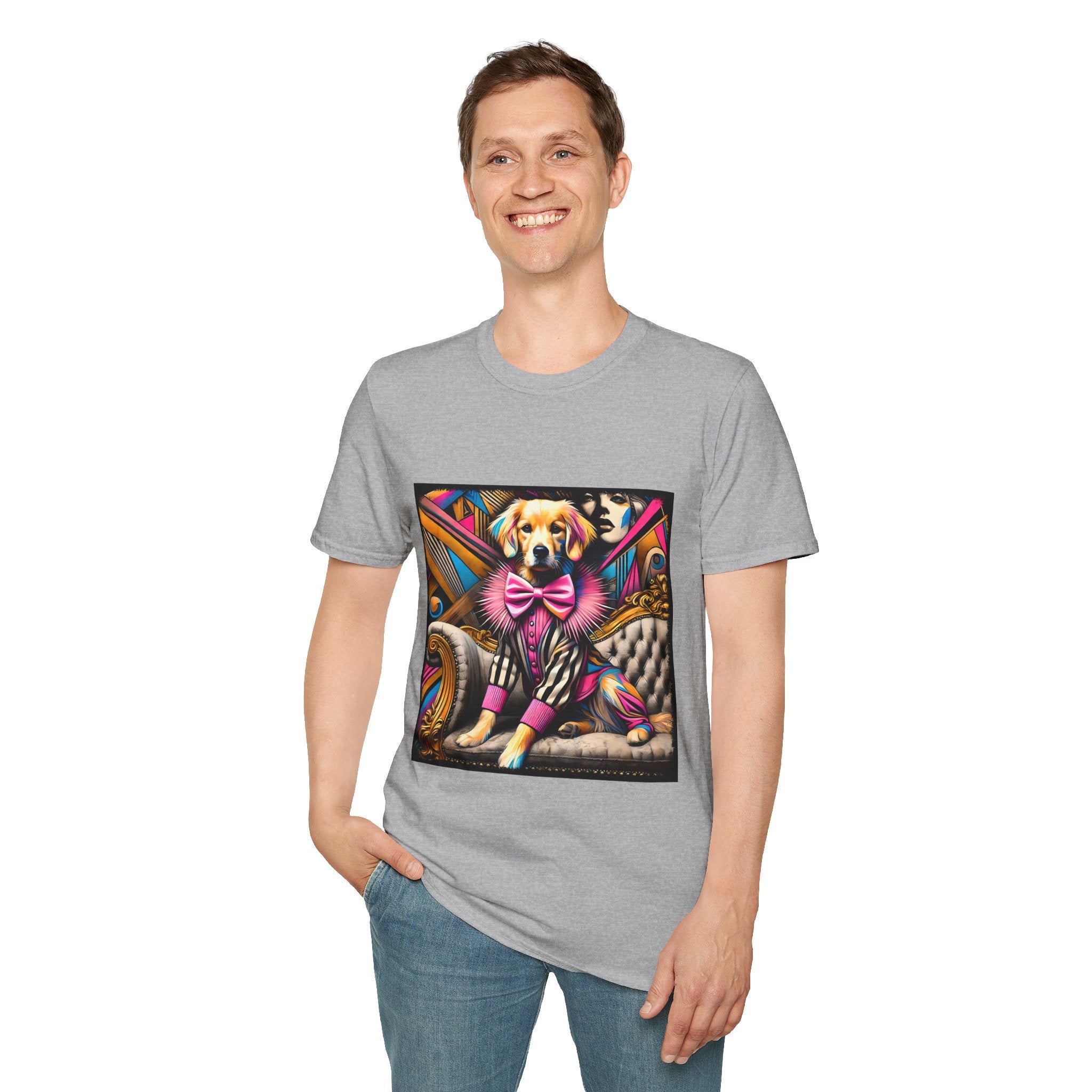 Male model in sport gray dog t-shirt with golden retriever in striped outfit and pink bow on bold pop-art settee.