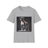 Sport Gray dog t-shirt featuring standing boxer on platform with black background and dramatic lighting.