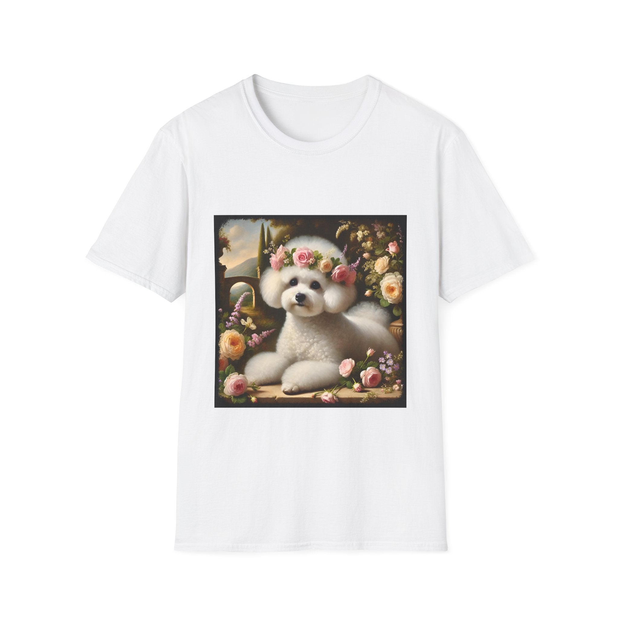 White t-shirt with a Bichon Frise graphic and floral design on a white background