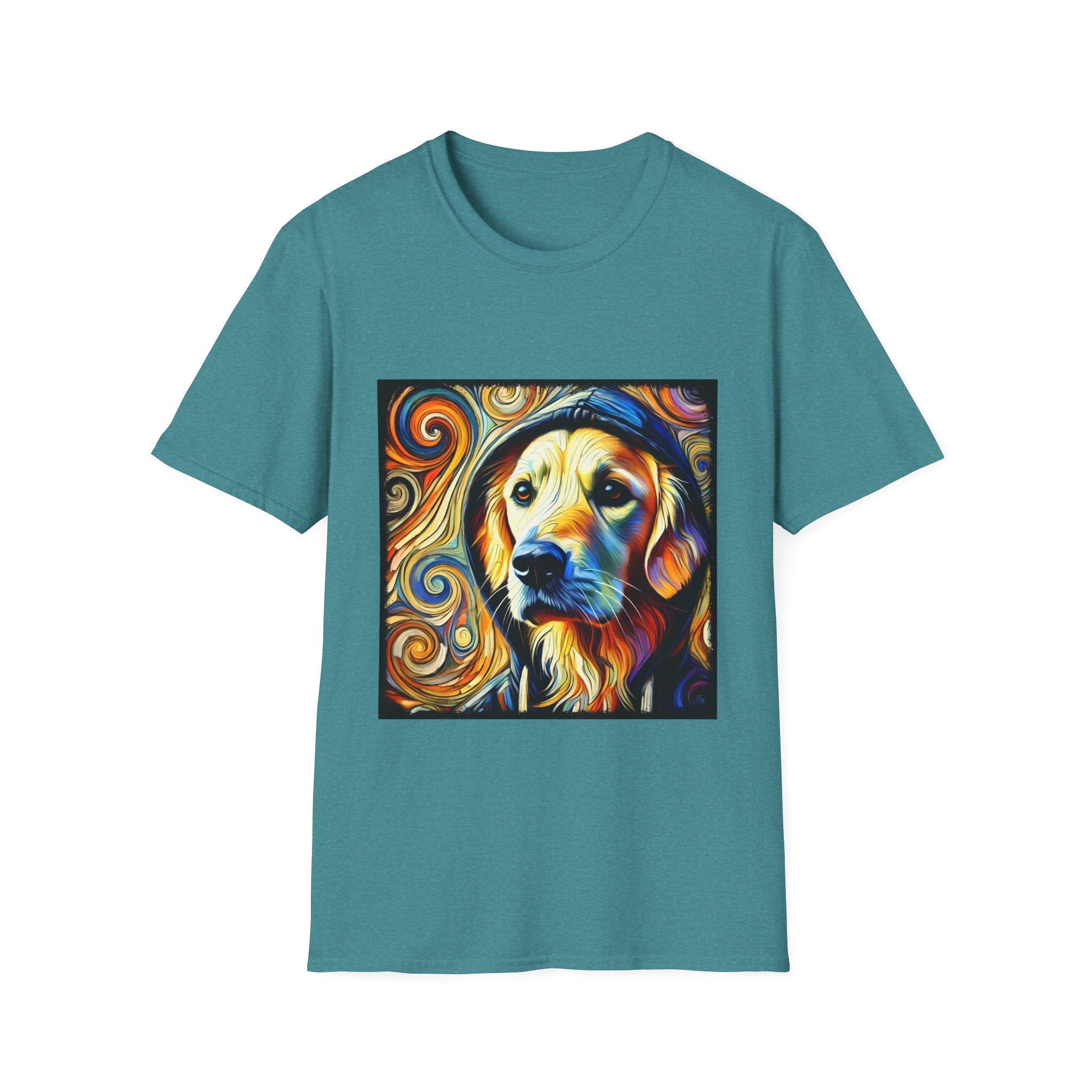 Teal dog t-shirt with golden retriever in hoodie, swirled background in orange, yellow, and teal tones.