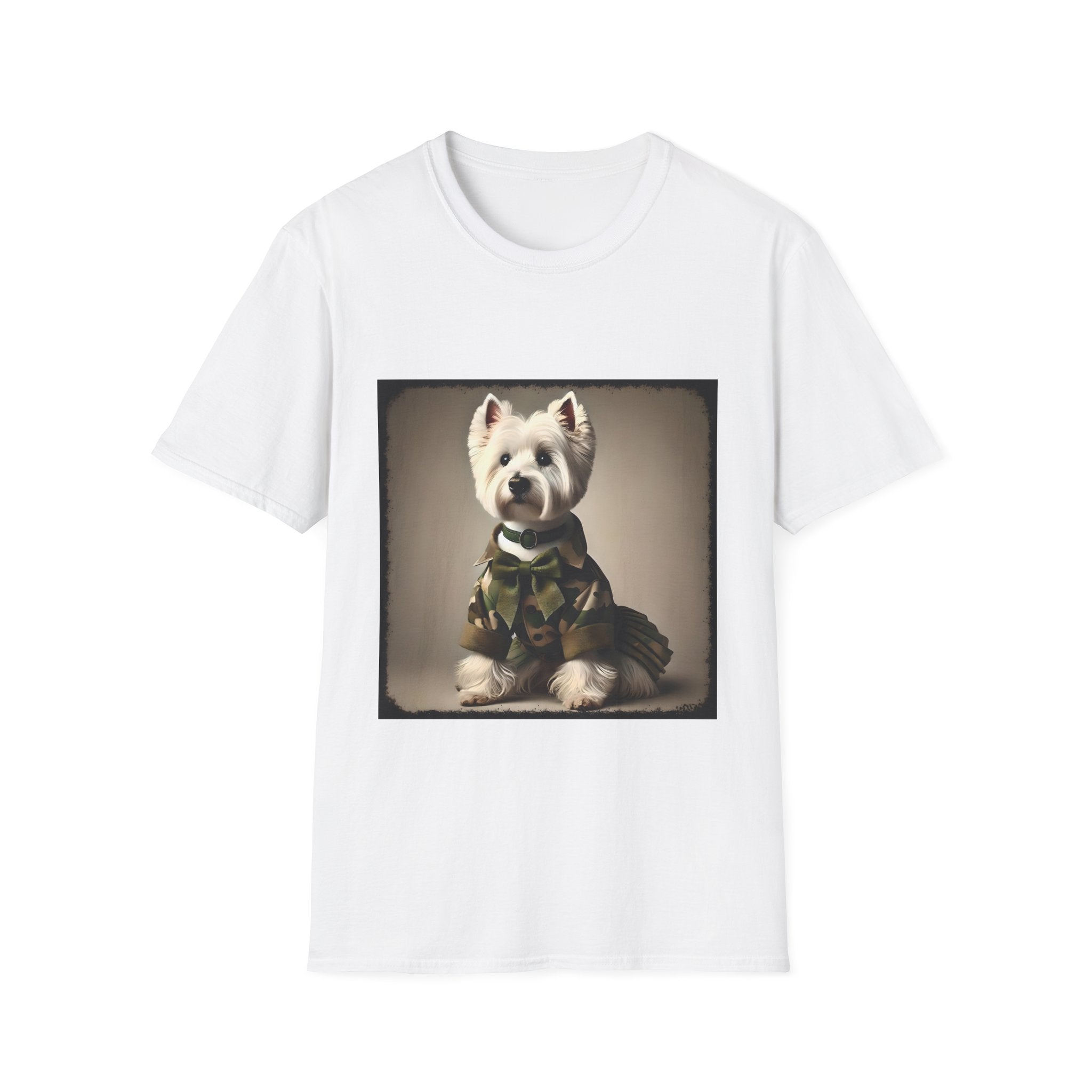White dog t-shirt featuring Westie in camouflage jacket and pleated skirt against neutral backdrop.