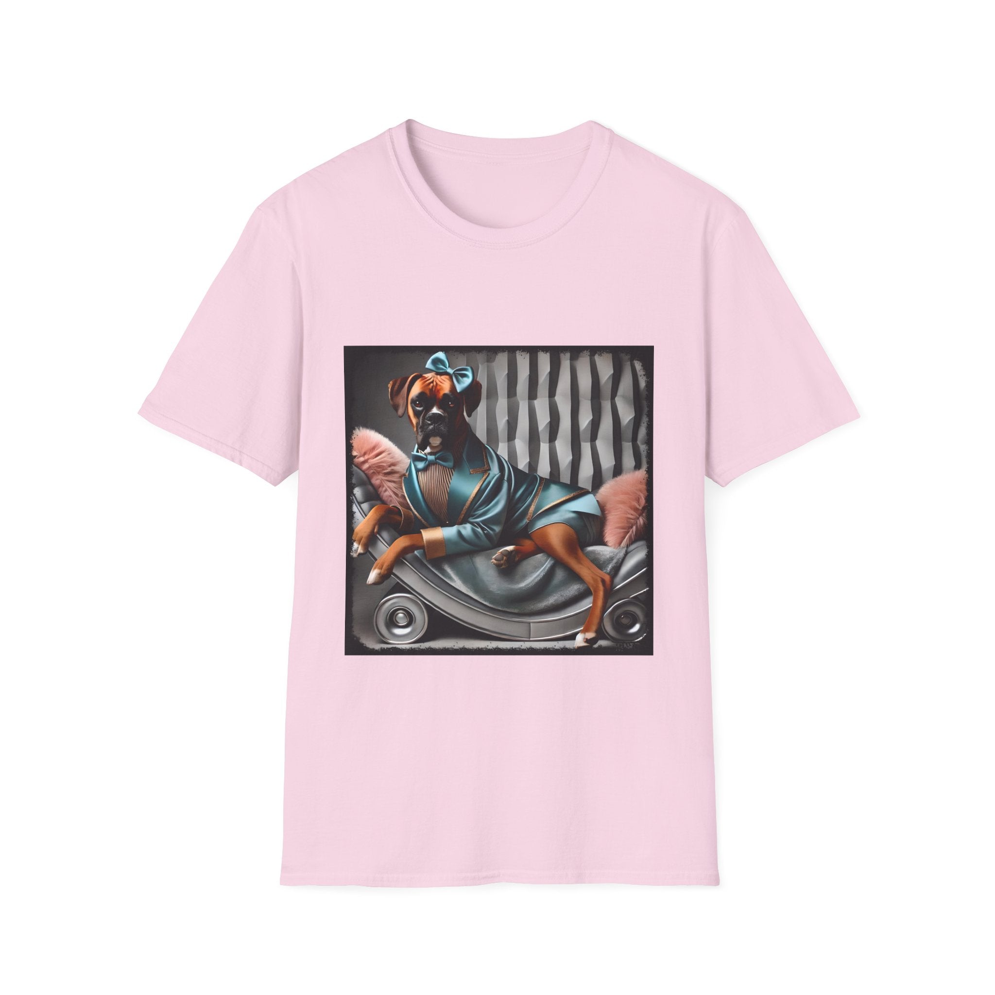 Light pink dog t-shirt with a boxer in teal dress and bow on modern chair with striped wall and pink pillows.
