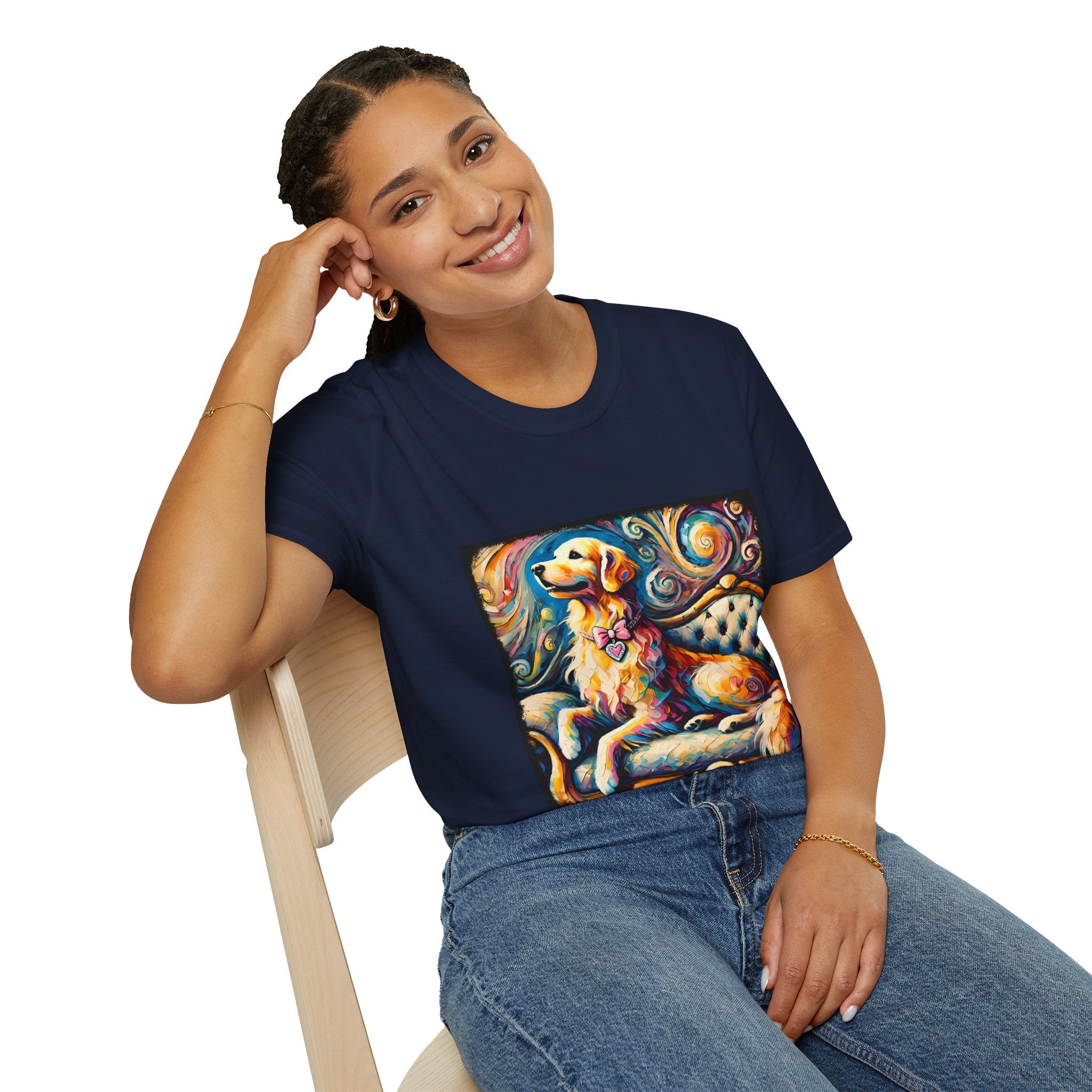 Female model in navy dog t-shirt featuring golden retriever with pink heart collar on colorful tufted settee.