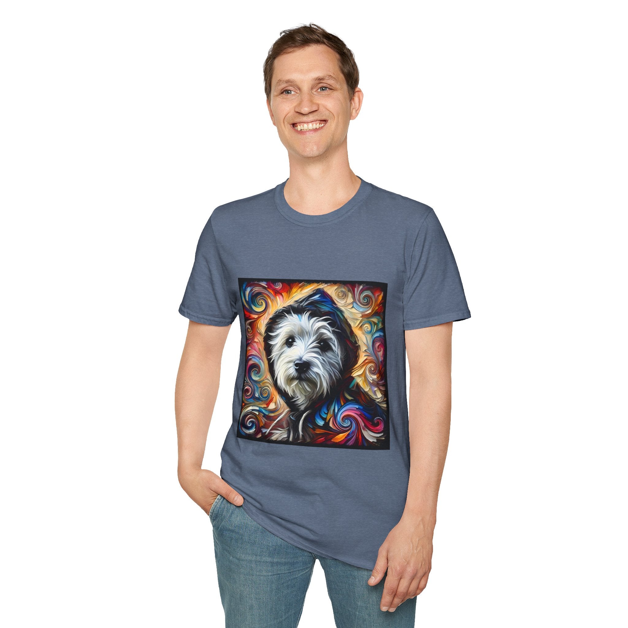 Male model in heather indigo dog t-shirt featuring Westie in black hoodie with swirling red blue orange and gold background.