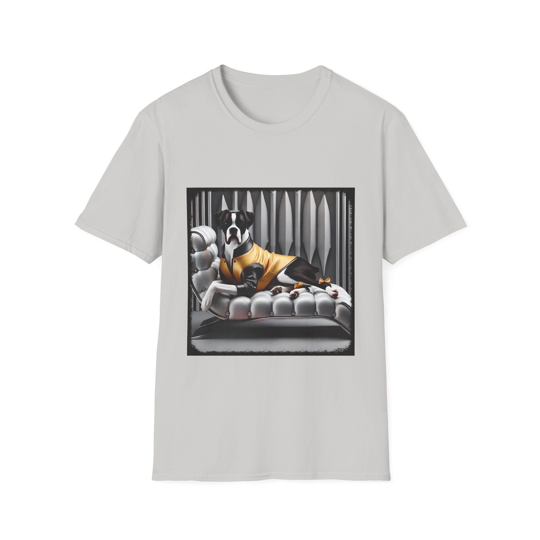 Ice gray dog t-shirt featuring a black and white boxer lounging on silver tufted couch in yellow jacket with striped wall.
