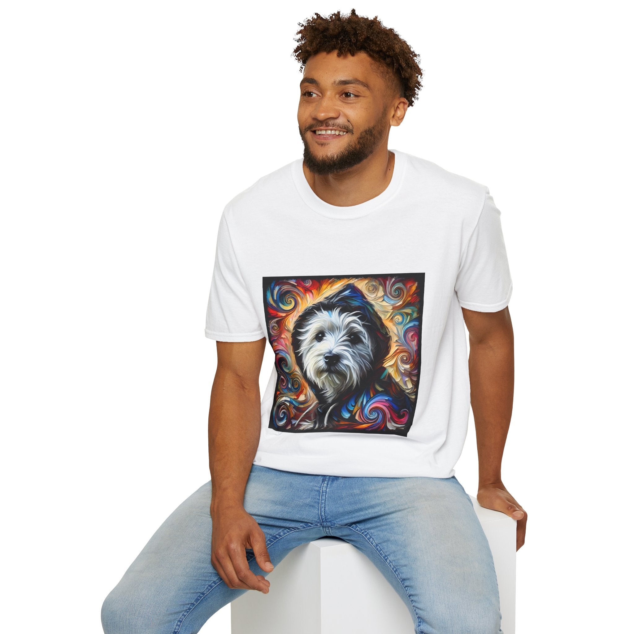 Male model in white dog t-shirt featuring Westie in black hoodie with swirling red blue orange and gold background.