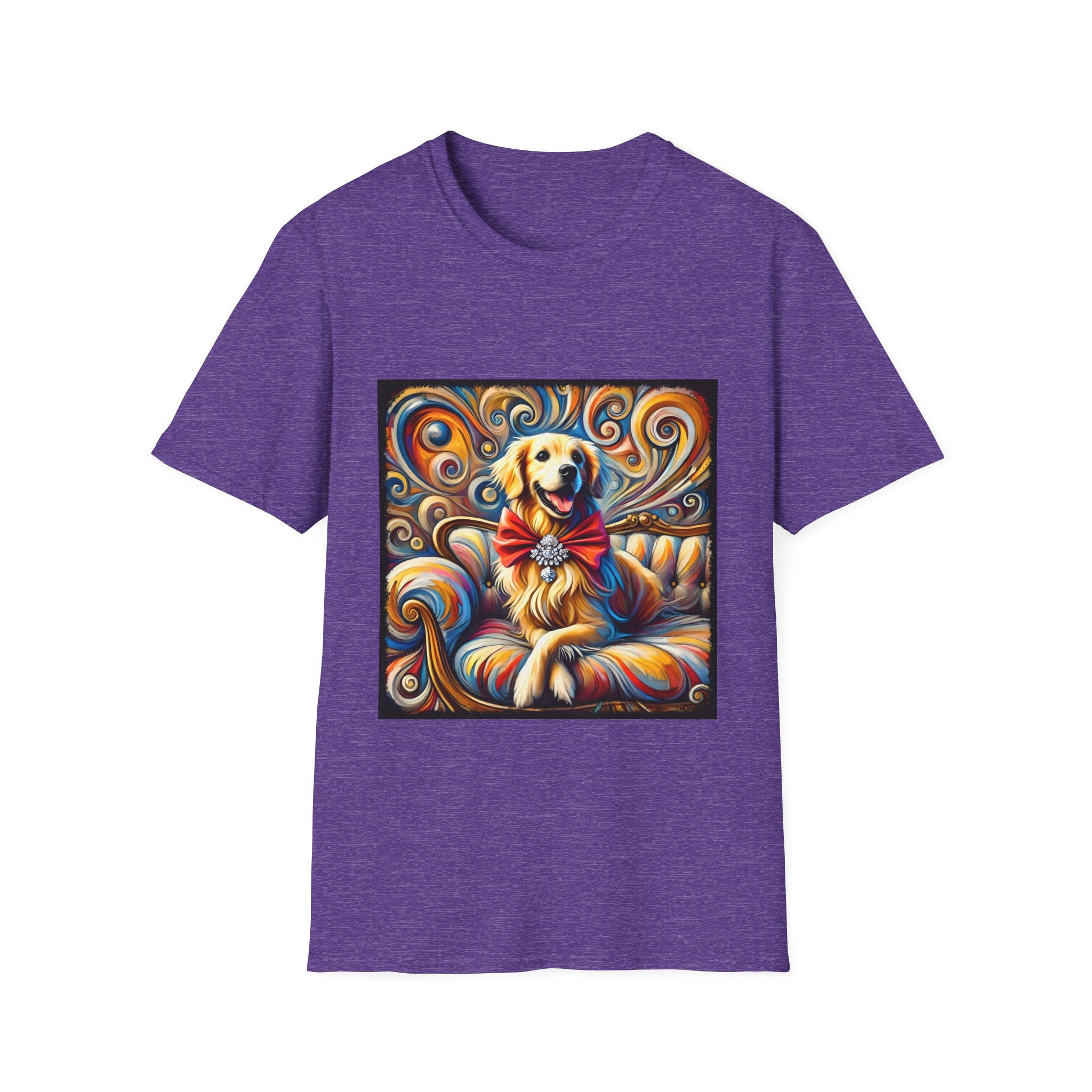 Heather purple dog t-shirt featuring golden retriever with red bow on colorful swirl settee background.