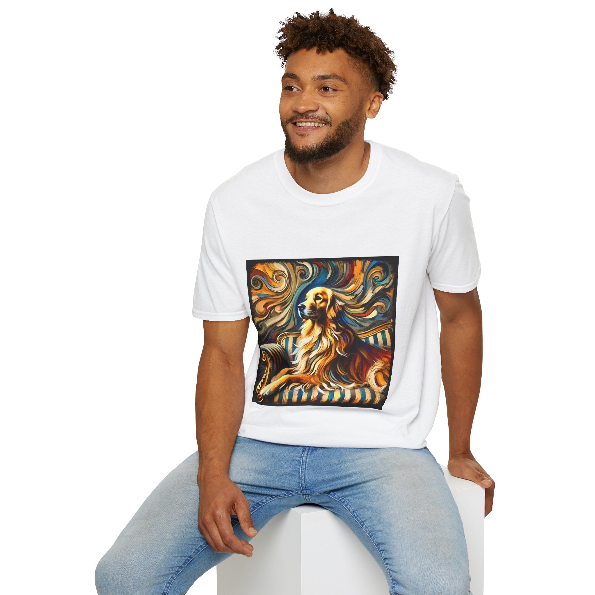 Male model in white dog t-shirt featuring golden retriever on striped settee with swirling abstract background in golds.