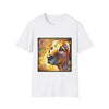 White dog t-shirt featuring a golden retriever with swirling brushstroke-style yellow-orange background.