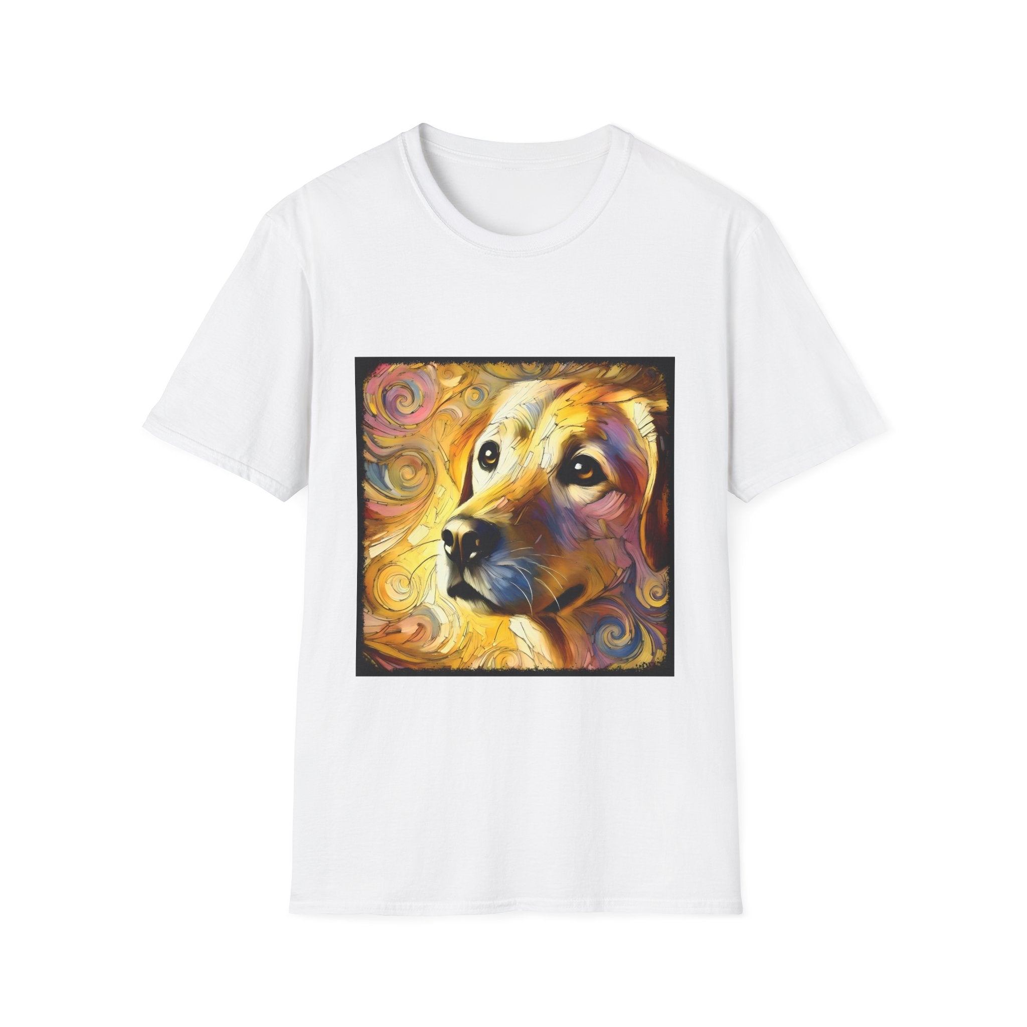 White dog t-shirt featuring a golden retriever with swirling brushstroke-style yellow-orange background.