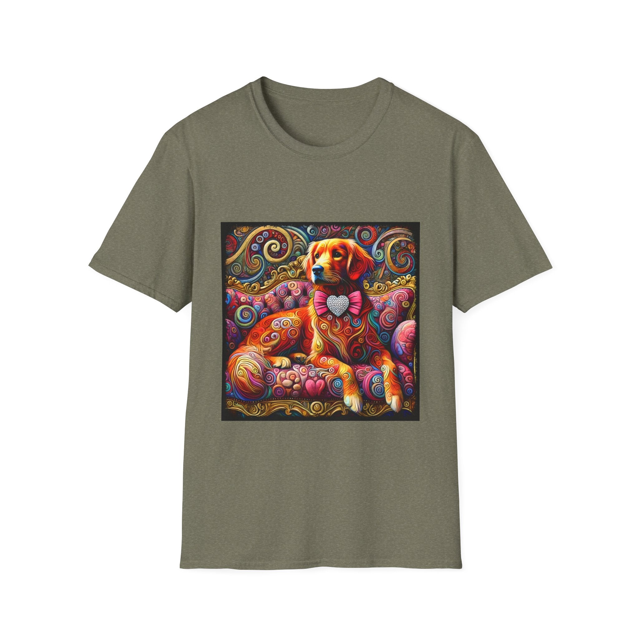 Heather military green dog t-shirt with golden retriever in pink bow on vibrant swirl settee with heart details.