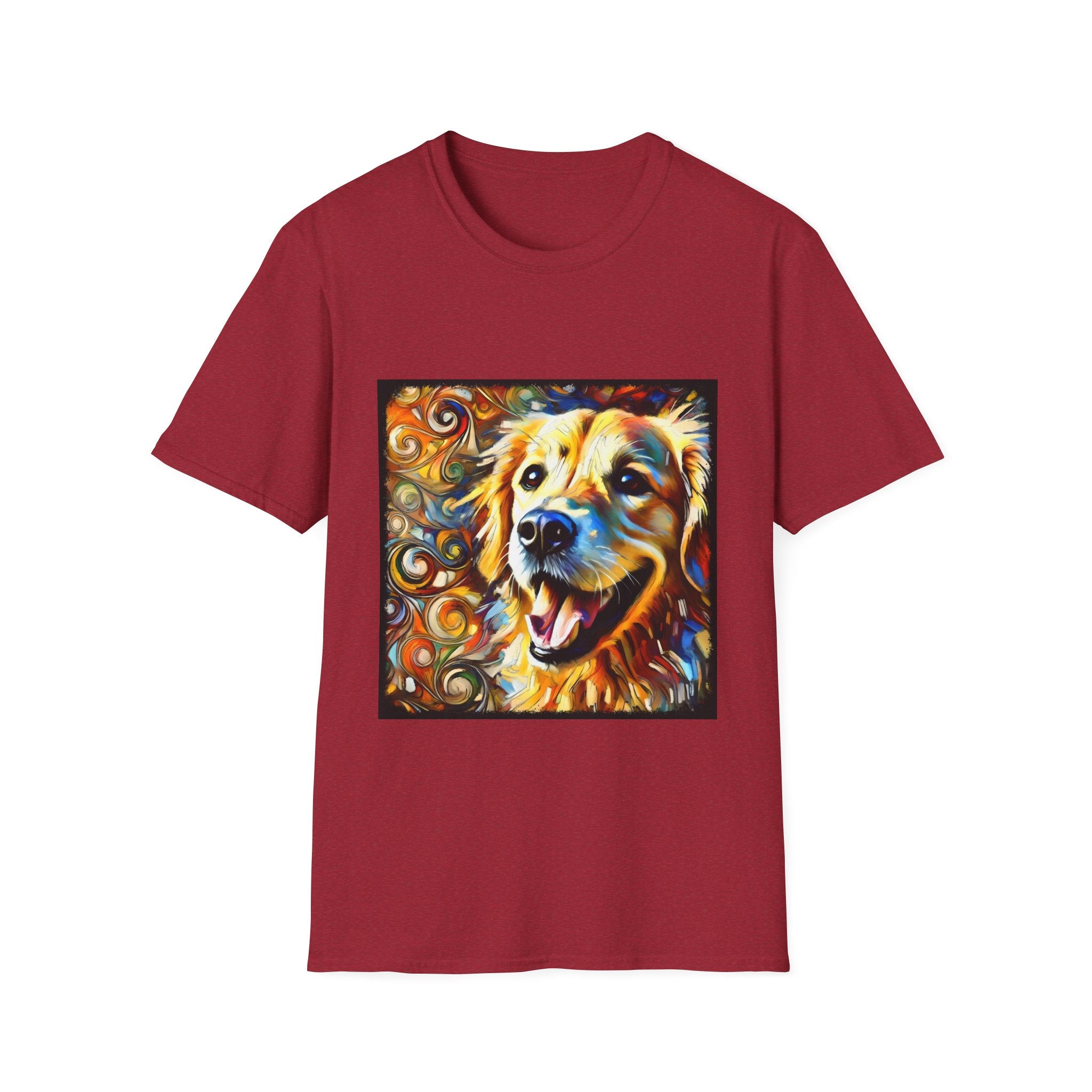 Antique cherry red dog t-shirt featuring smiling golden retriever portrait with bold swirls in orange, gold, and blue.
