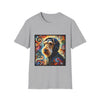 Sport gray dog t-shirt with Airedale terrier in hoodie and vibrant multicolor swirl background.