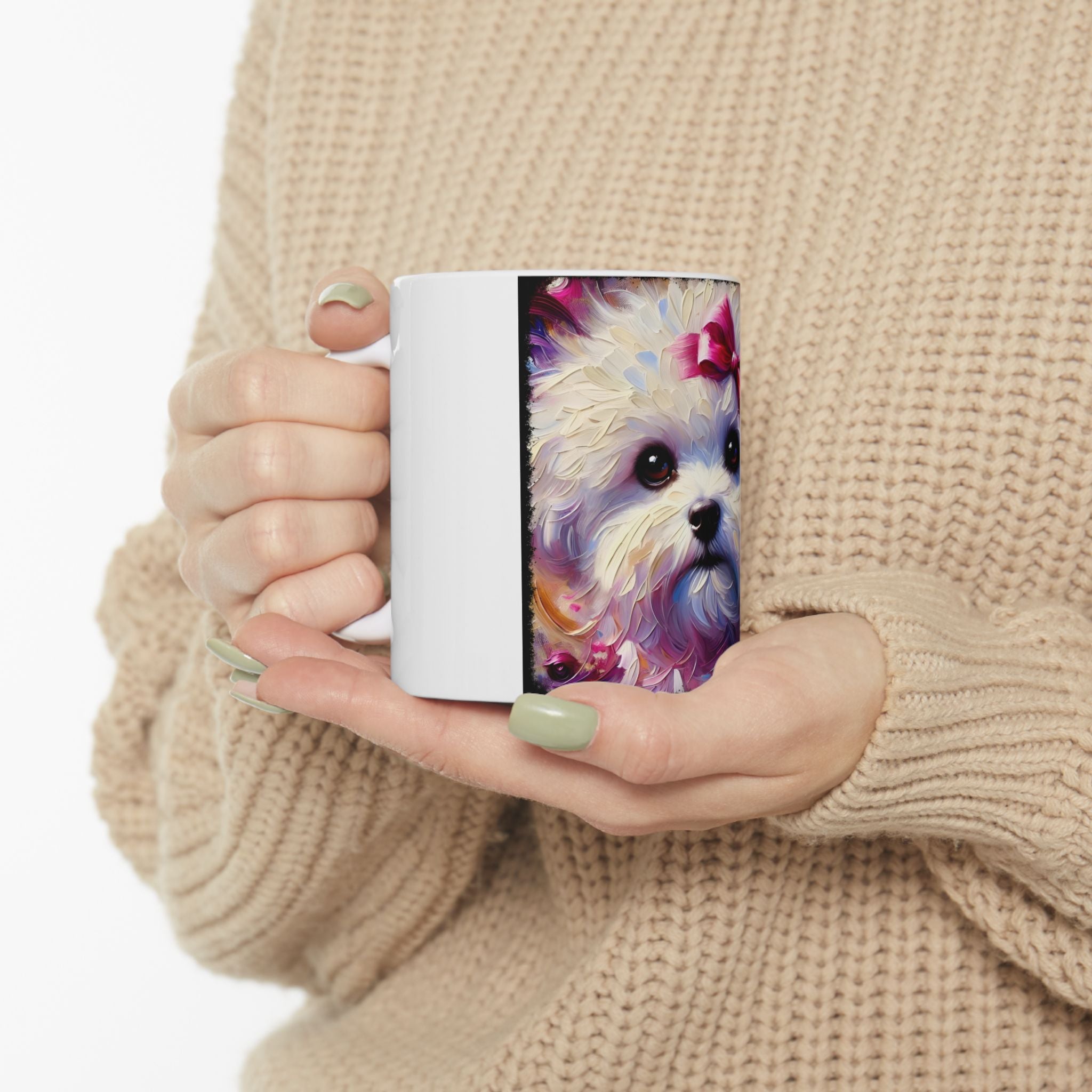 Person holding a mug with a colorful Bichon Frise  on a plain background