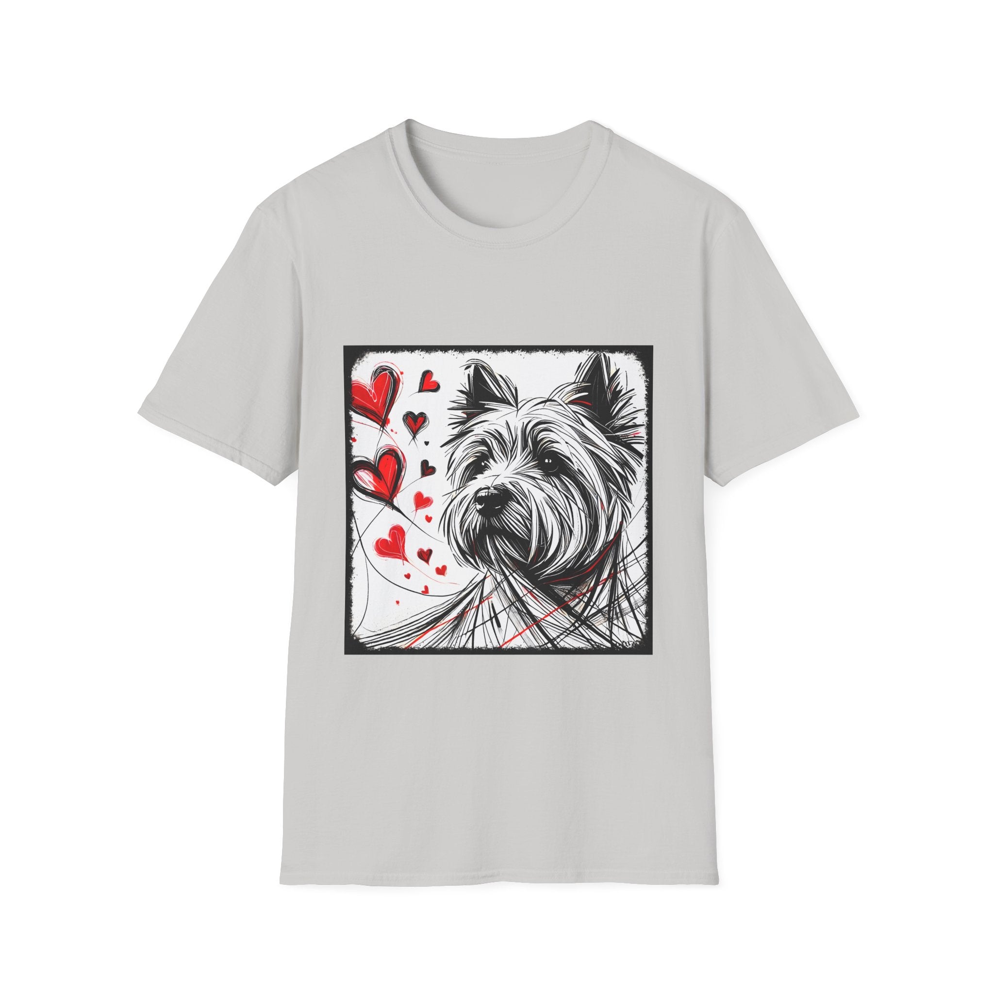 Ice gray dog t-shirt featuring sketch-style Westie with red hearts and abstract black line accents.