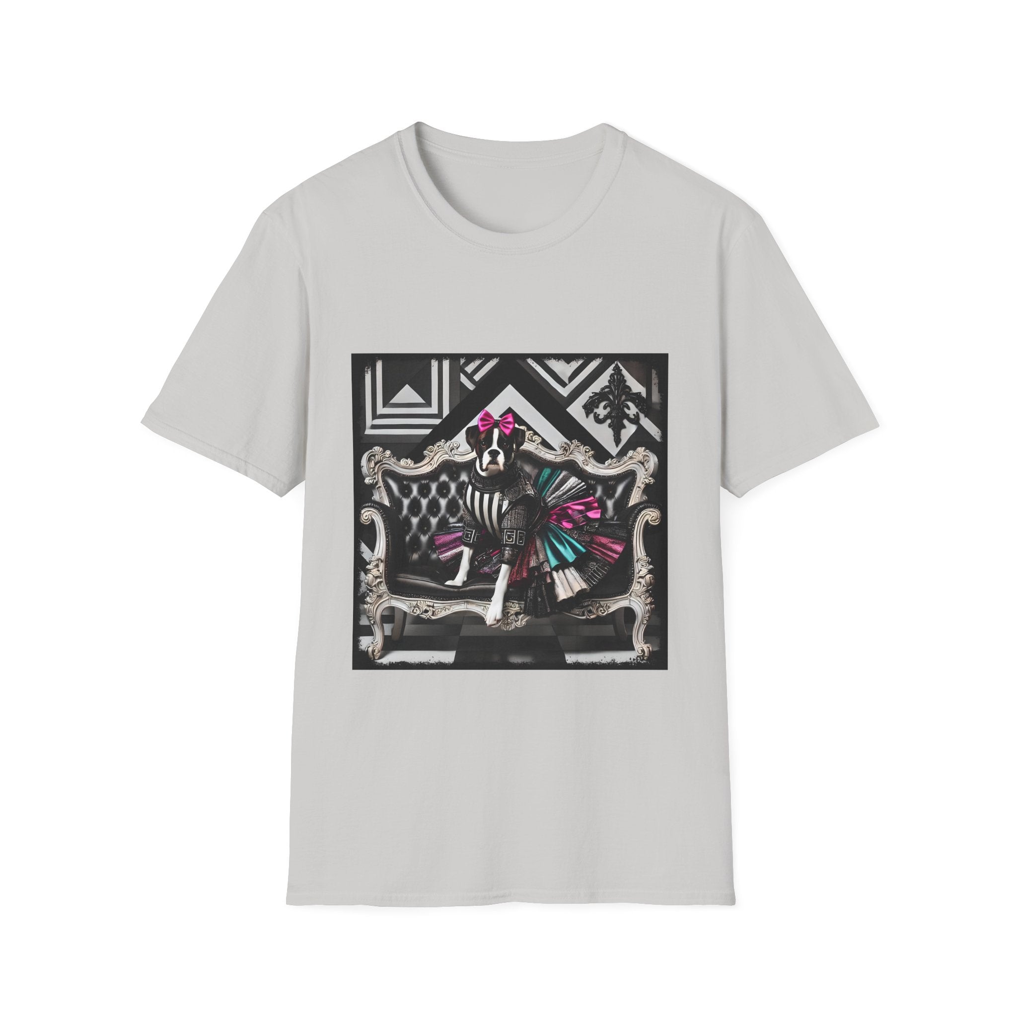 Ice gray dog t-shirt with black and white boxer in pink bow and varsity dress in pleated skirt, bold geometric black backdrop.