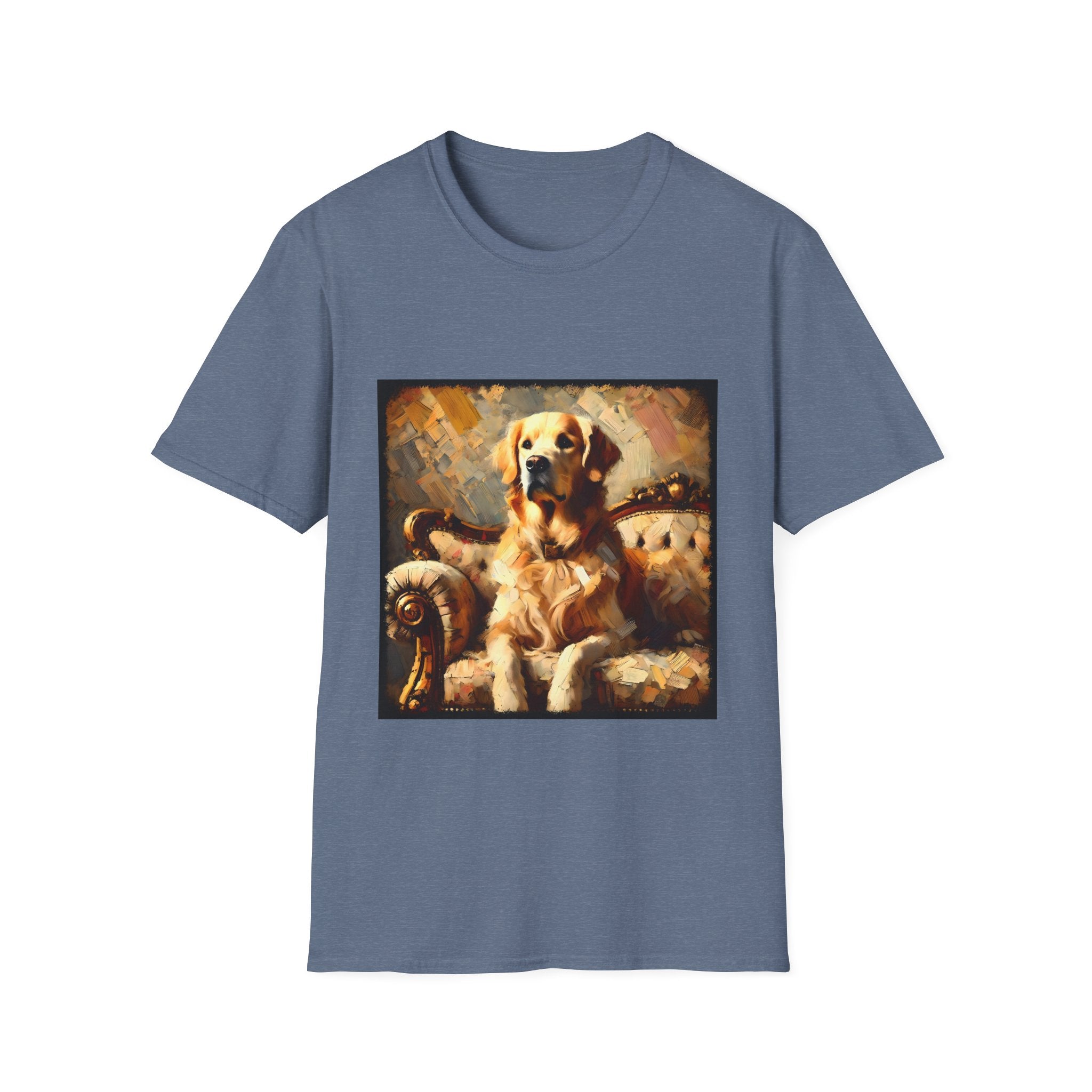 Heather indigo dog t-shirt with golden retriever on ornate couch, painted in rich textured brushstrokes.