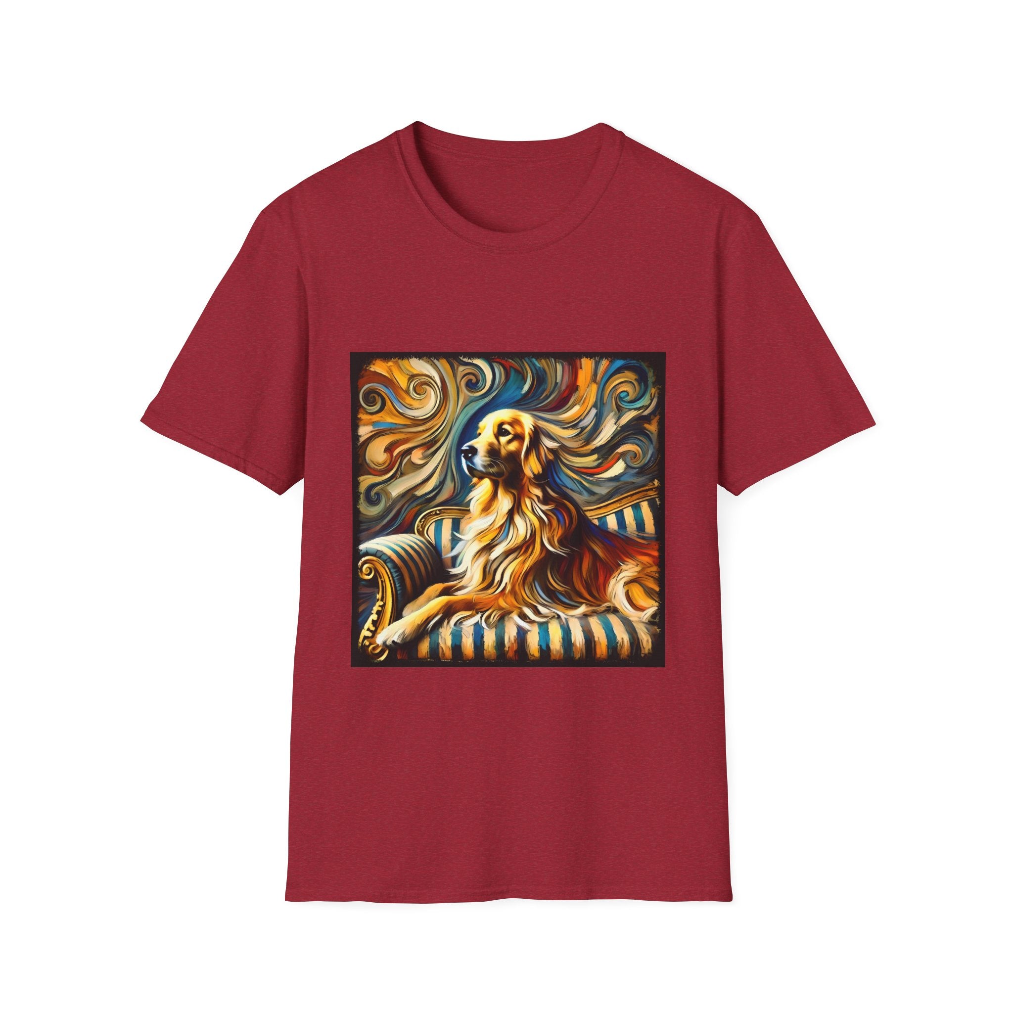 Antique cherry red dog t-shirt featuring golden retriever on striped settee with swirling abstract background in golds.