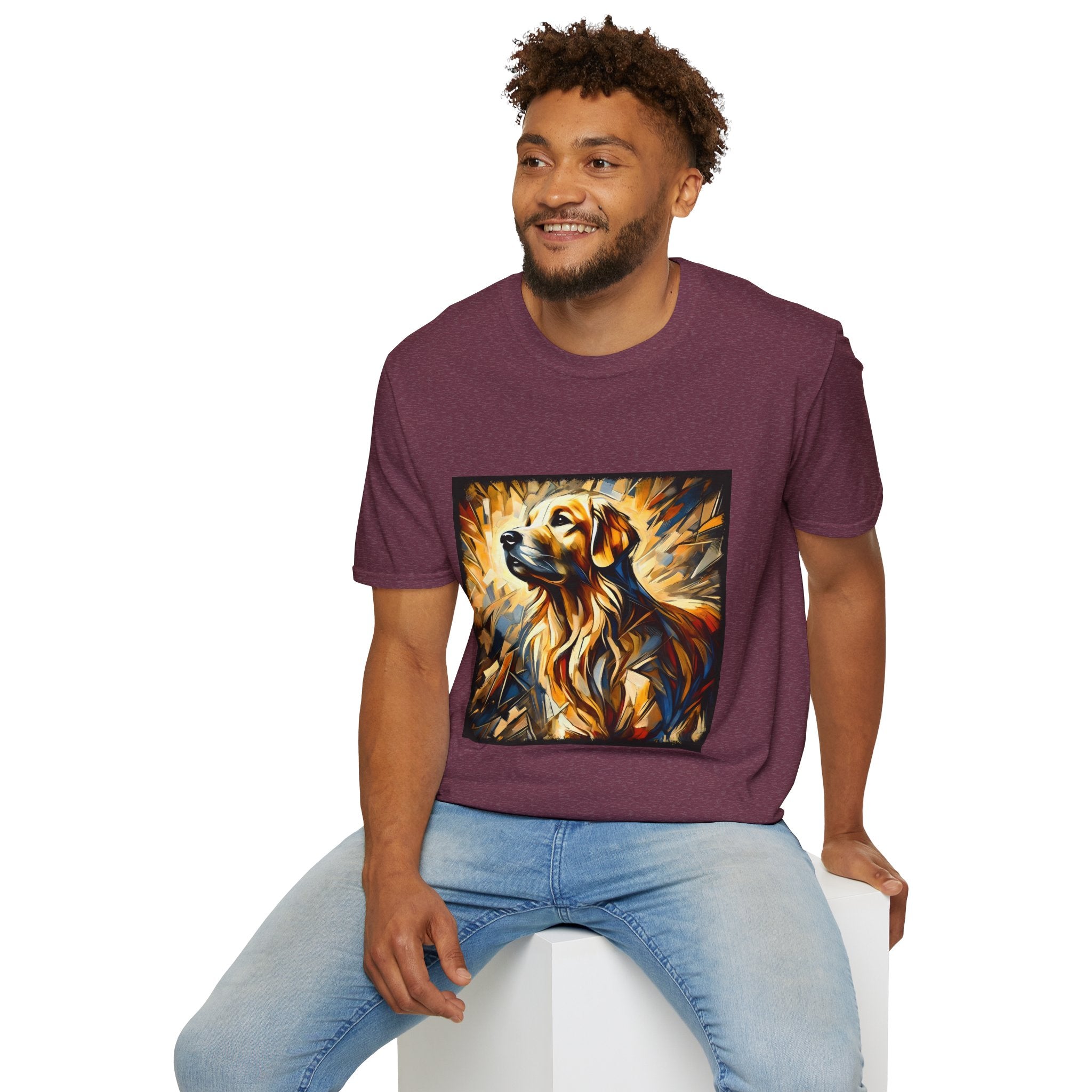 Male model in heather maroon dog t-shirt featuring golden retriever portrait with fiery gold, blue, and amber abstract swirls.