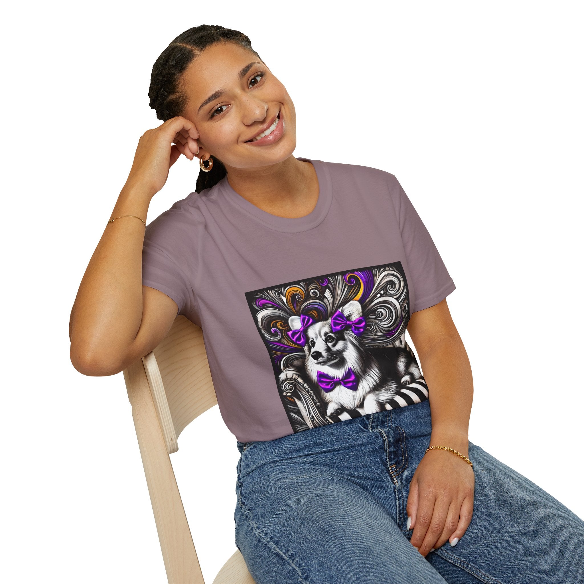 Pembroke Welsh Corgi B&W Purple Bow | Unisex Dog T-Shirt