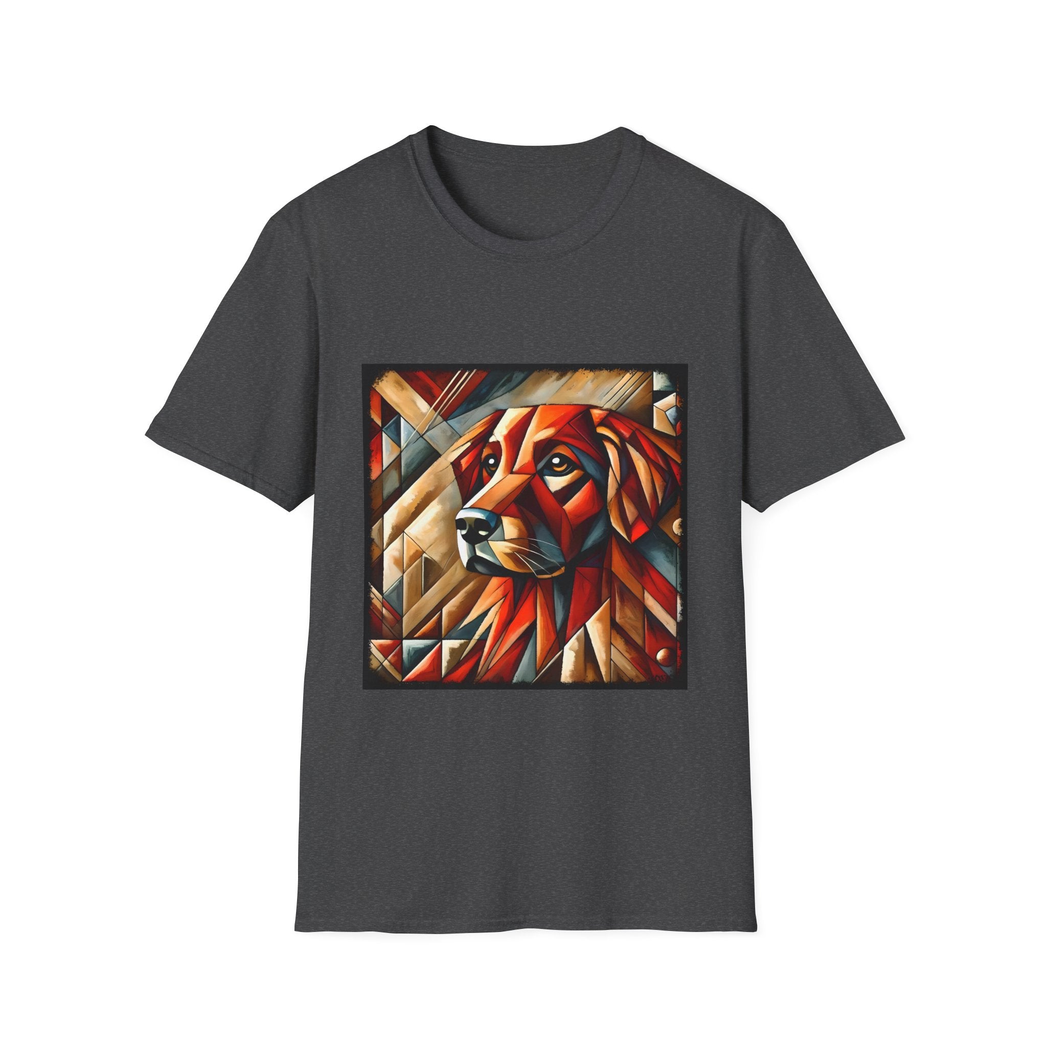 Dark heather dog t-shirt featuring red geometric golden retriever portrait in cubist style with bold angles.