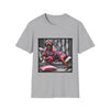 Sport gray dog t-shirt featuring boxer in pink bow and pleated pink coat lounging on silver settee.