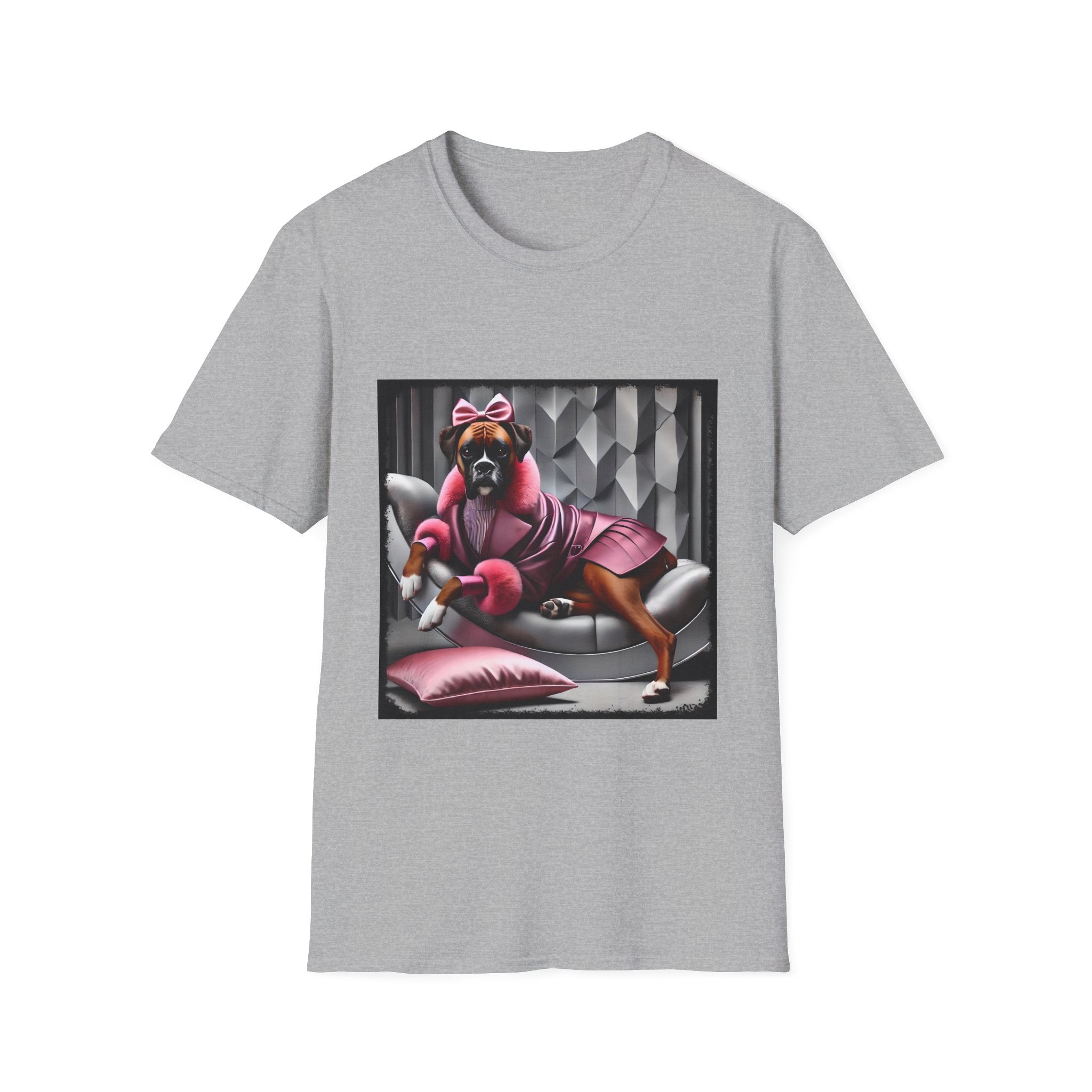 Sport gray dog t-shirt featuring boxer in pink bow and pleated pink coat lounging on silver settee.