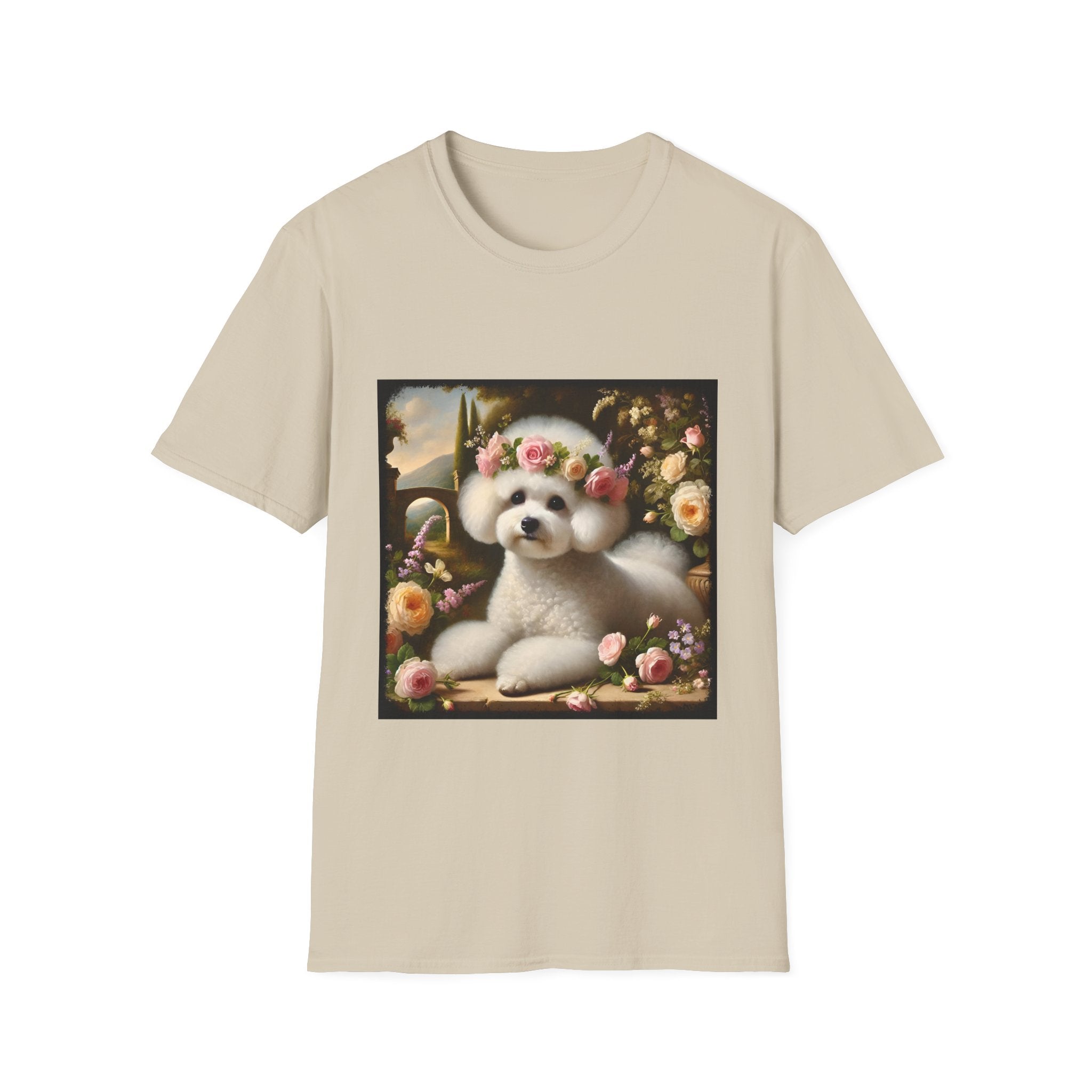 Beige t-shirt with a Bichon Frise wearing a floral crown graphic on a white background