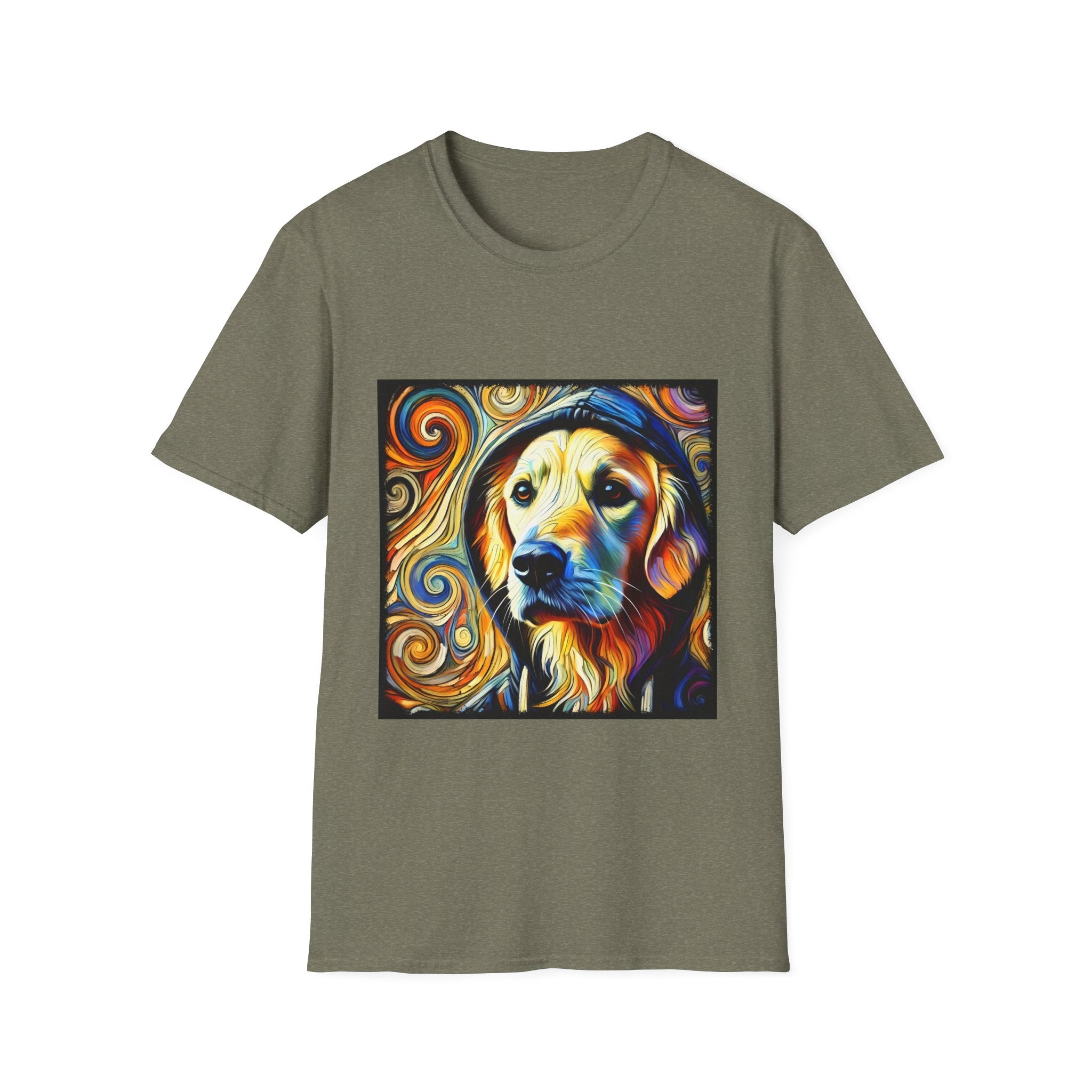Heather military green dog t-shirt with golden retriever in hoodie, swirled background in orange, yellow, and teal tones.