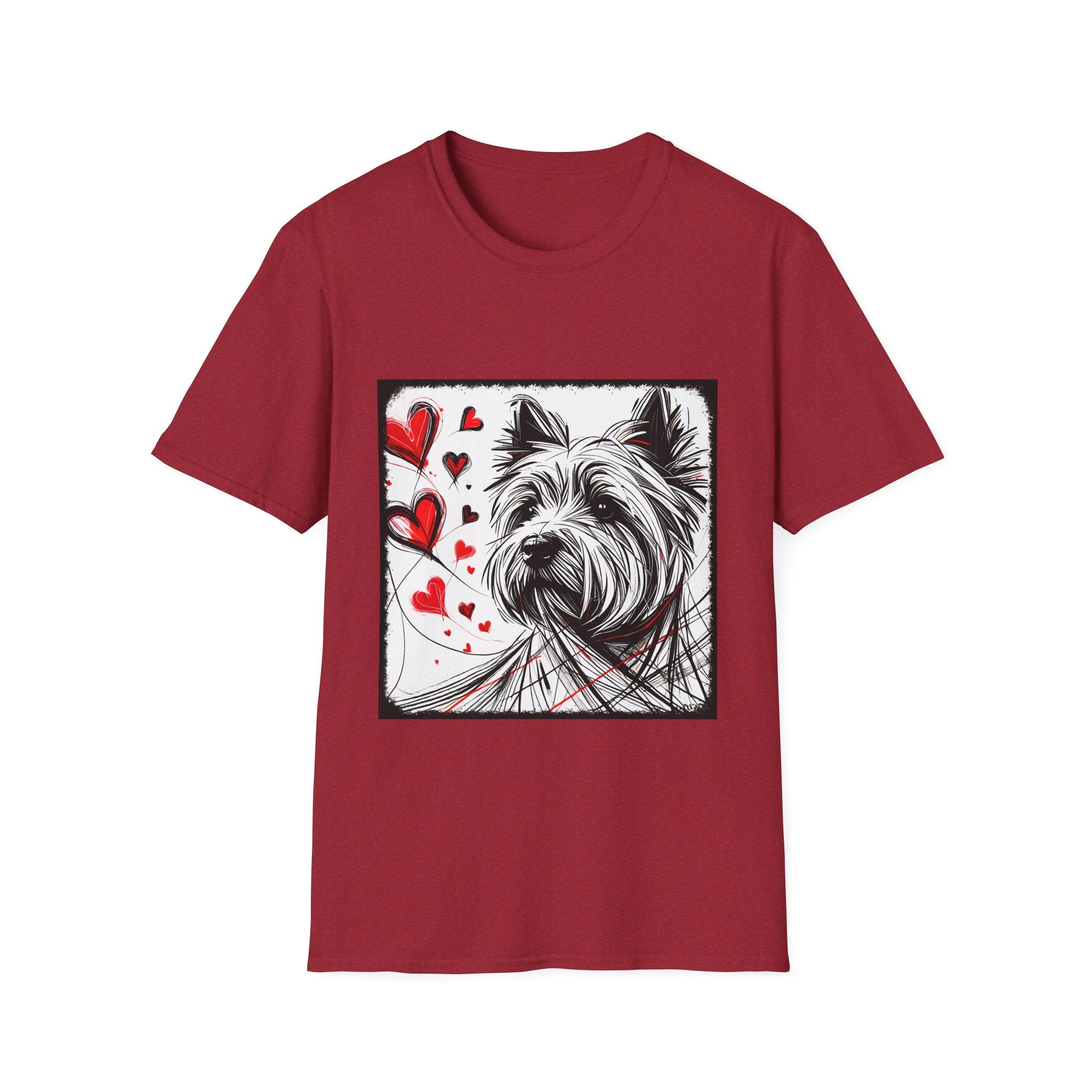 Antique cherry red dog t-shirt featuring sketch-style Westie with red hearts and abstract black line accents.