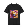 Black dog t-shirt featuring golden retriever with pink bow on head, bold brushstroke background in pinks.