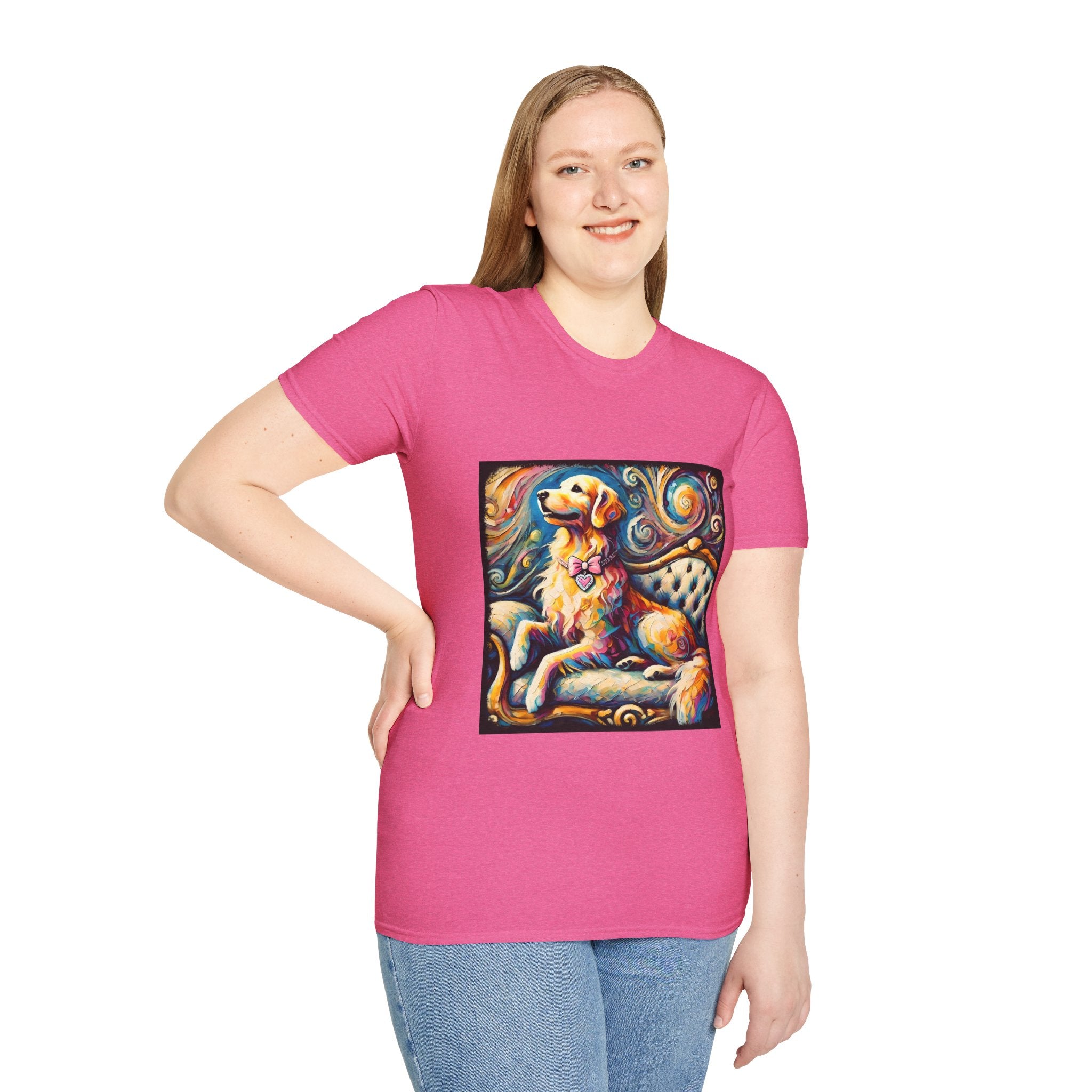 Female model in bright pink dog t-shirt featuring golden retriever with pink heart collar on colorful tufted settee.