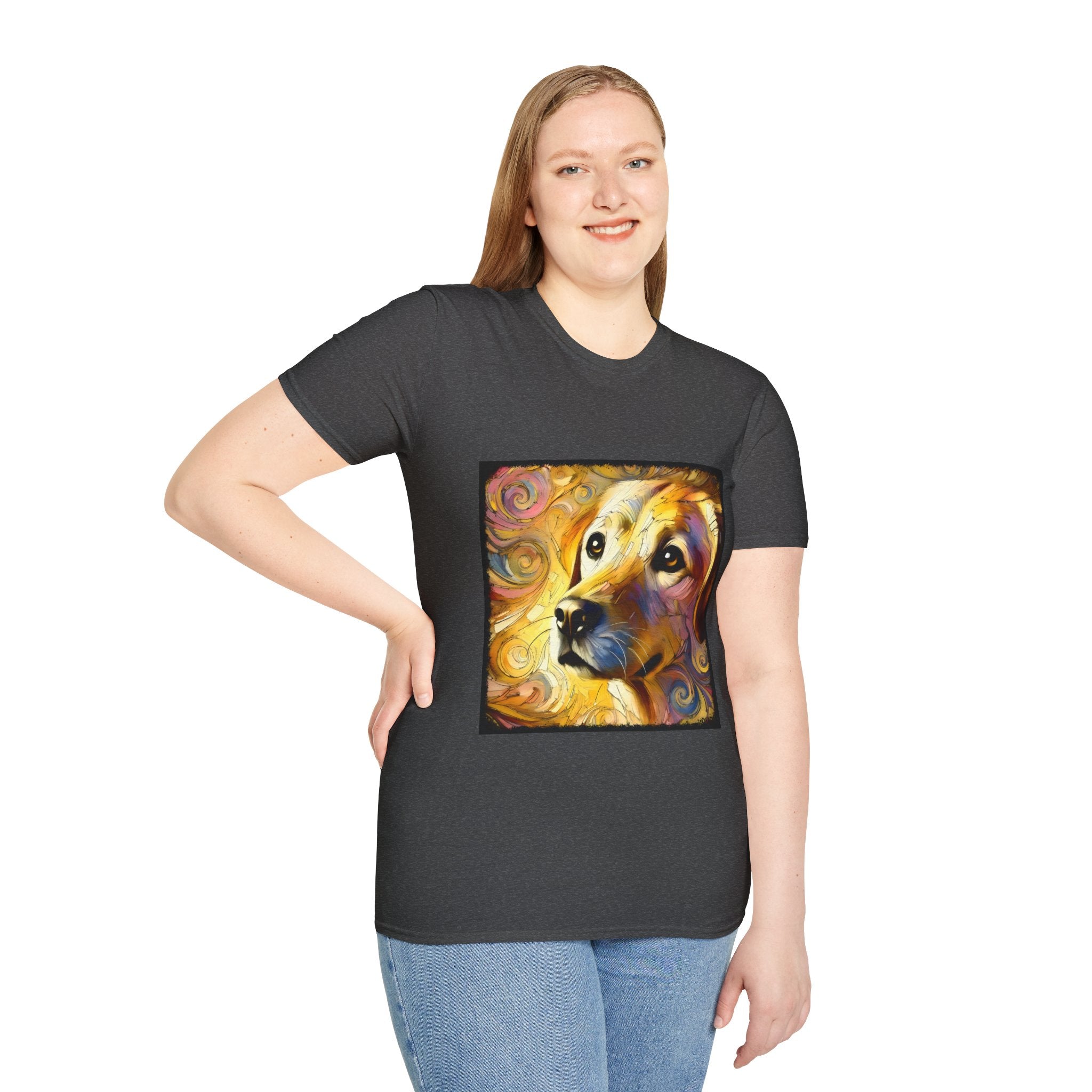 Female model wears dark heather dog t-shirt featuring a golden retriever with swirling brushstroke-style yellow-orange background.