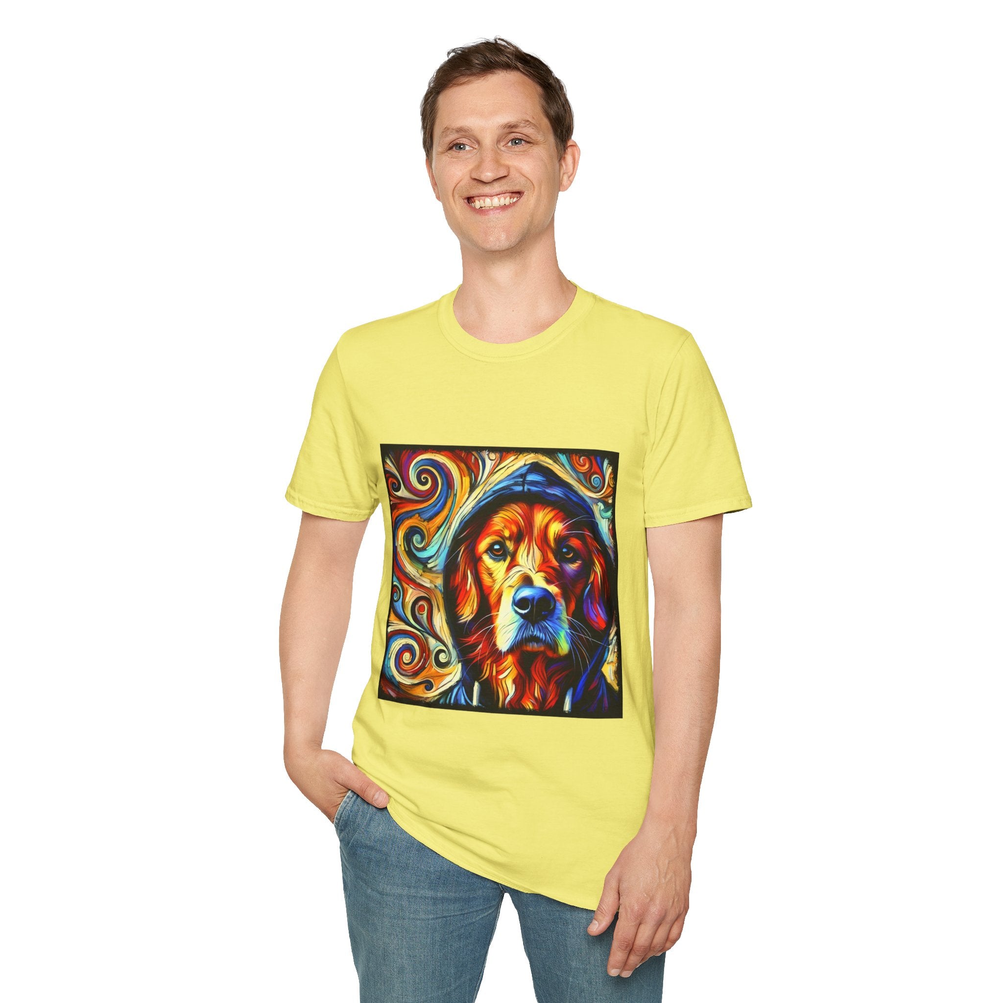 Male standing in cornsilk yellow dog t-shirt with golden retriever in blue hoodie, bold swirls in red, orange, and teal behind.