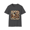 Dark heather t-shirt featuring fawn French Bulldog on ornate amber and black settee with rich tan swirl backdrop.