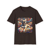 Chocolate brown dog t-shirt featuring fawn French Bulldog with collar lounging on colorful swirl settee with vivid abstract background.