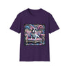 Purple dog t-shirt featuring a black and white French Bulldog with a pink bow, seated on a tufted pink and gold settee against a swirling blue, pink, and purple expressionist-style background.