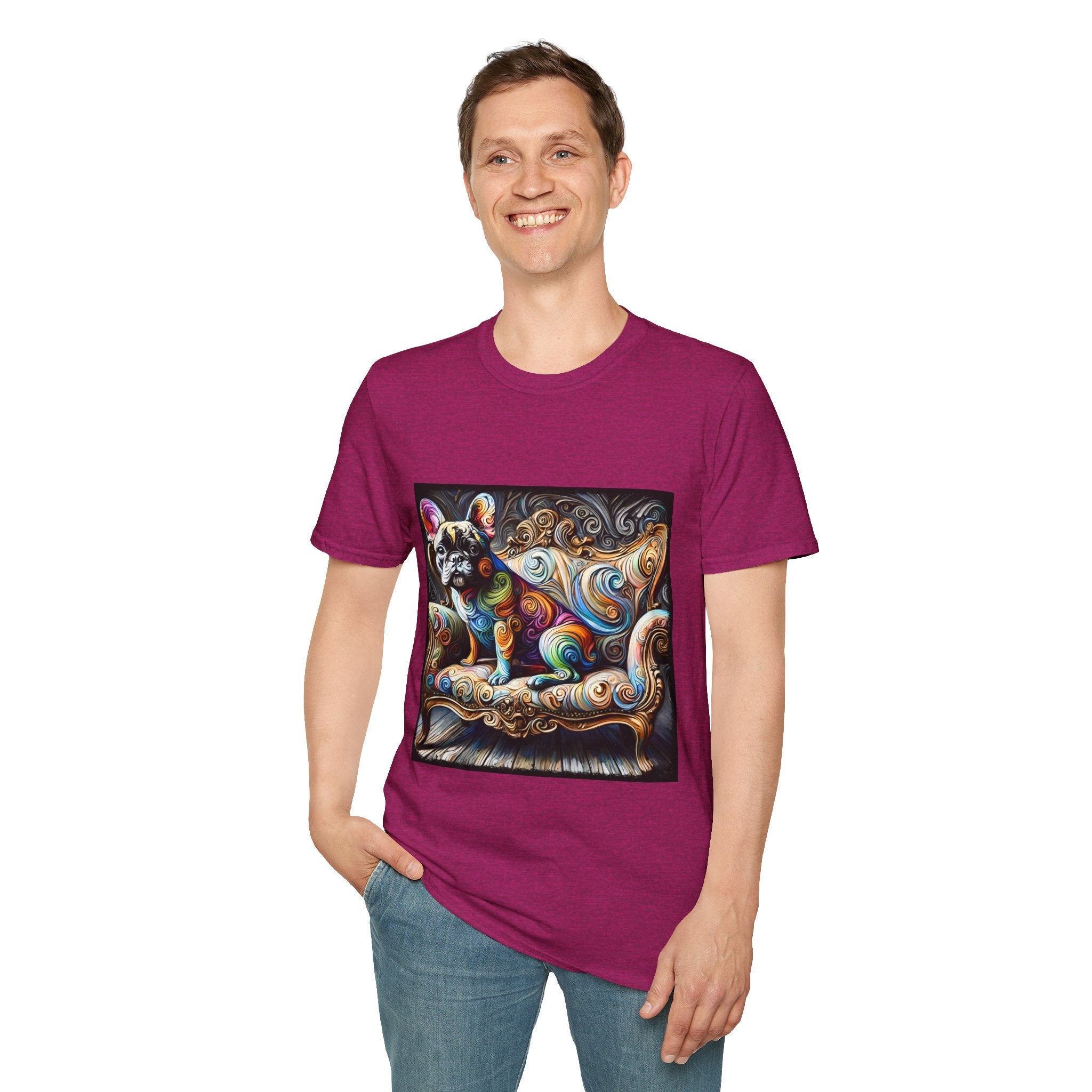 Male model in heather berry t-shirt featuring rainbow French Bulldog on golden settee with swirl pattern, expressionism style.